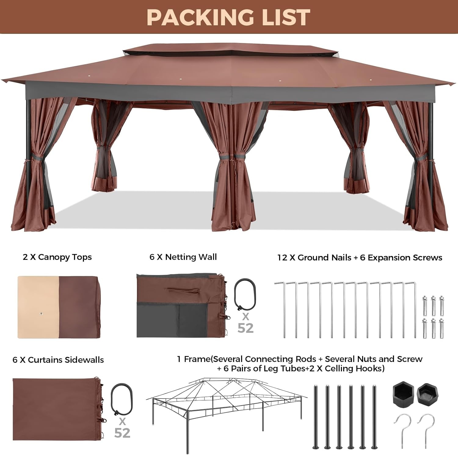 image:imageCOBIZI Gazebo 10x10 Heavy Duty Gazebos with Improved Nettings Outdoor Gazebo Double Roof Patio Gazebos with Metal Steel Frame Outdoor Canopy for Patio Deck Backyard GrayBrownUPF50