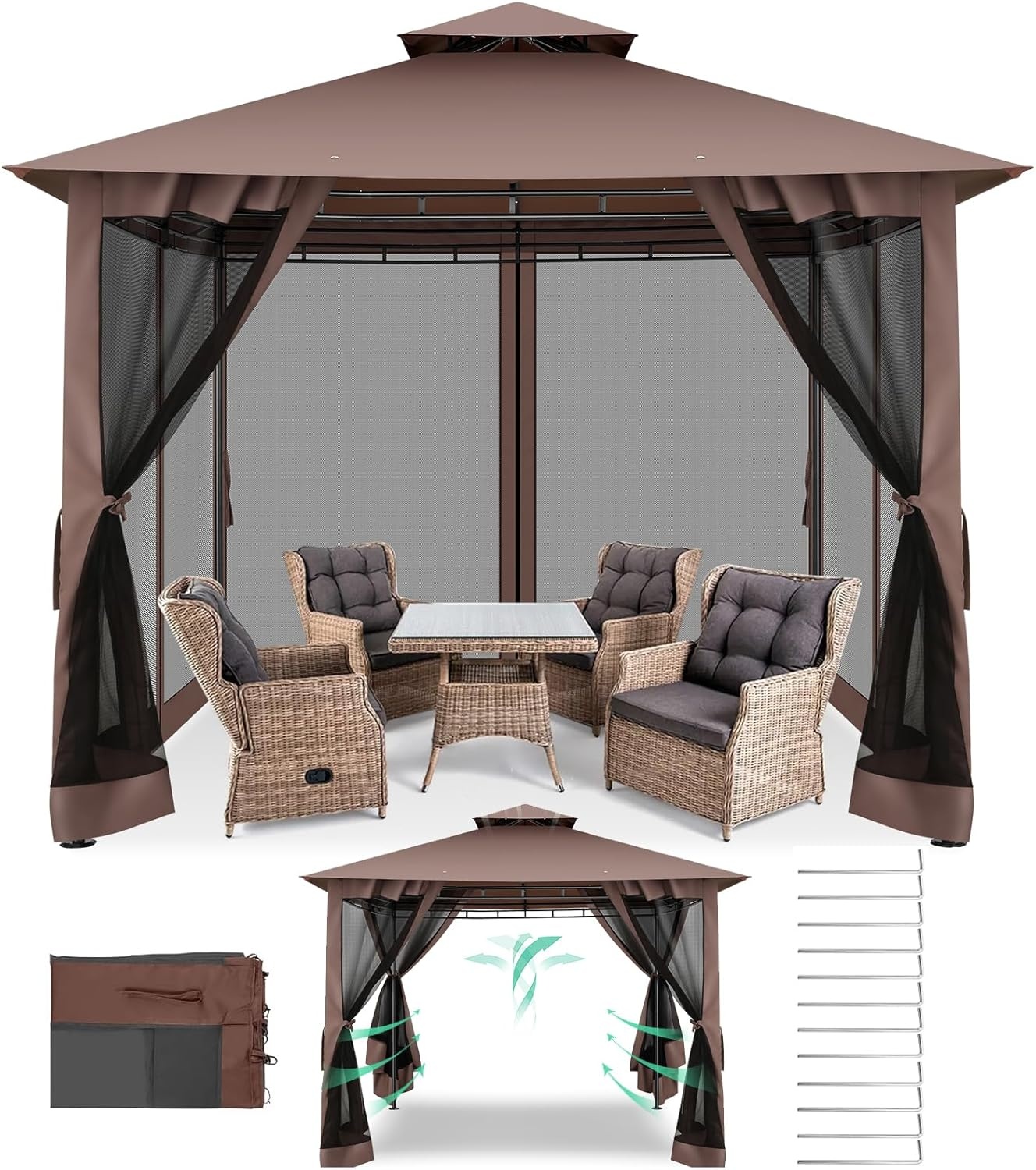 image:imageCOBIZI Gazebo 10x10 Heavy Duty Gazebos with Improved Nettings Outdoor Gazebo Double Roof Patio Gazebos with Metal Steel Frame Outdoor Canopy for Patio Deck Backyard GrayBrownUPF50
