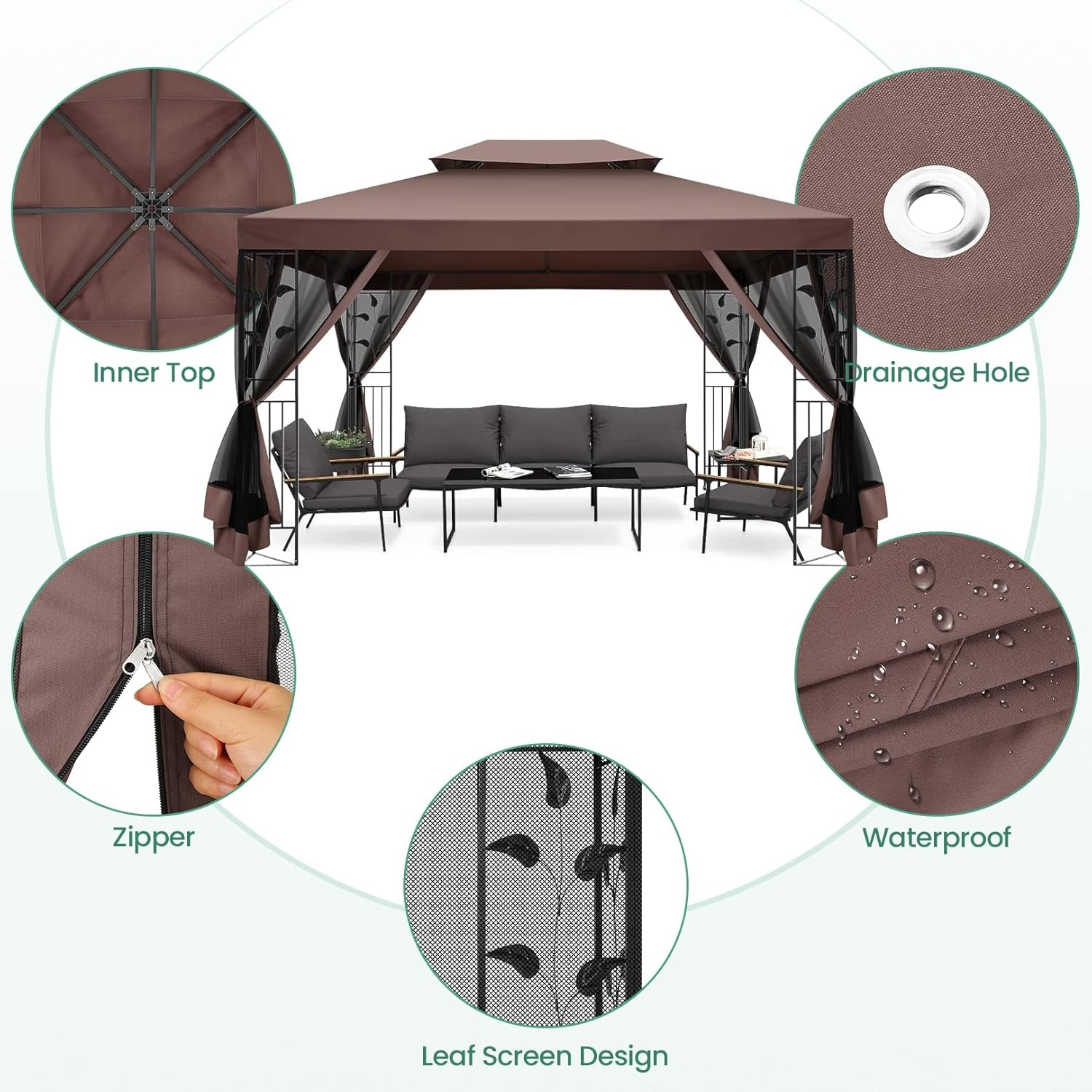image:imageCOBIZI Gazebo 10x10 Heavy Duty Gazebos with Improved Nettings Outdoor Gazebo Double Roof Patio Gazebos with Metal Steel Frame Outdoor Canopy for Patio Deck Backyard GrayBrownUPF50