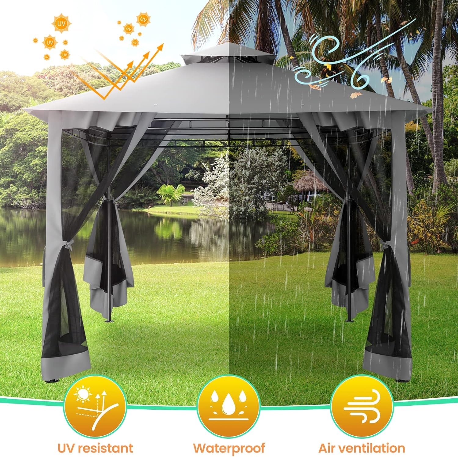 image:imageCOBIZI Gazebo 10x10 Heavy Duty Gazebos with Improved Nettings Outdoor Gazebo Double Roof Patio Gazebos with Metal Steel Frame Outdoor Canopy for Patio Deck Backyard GrayGrayUPF50