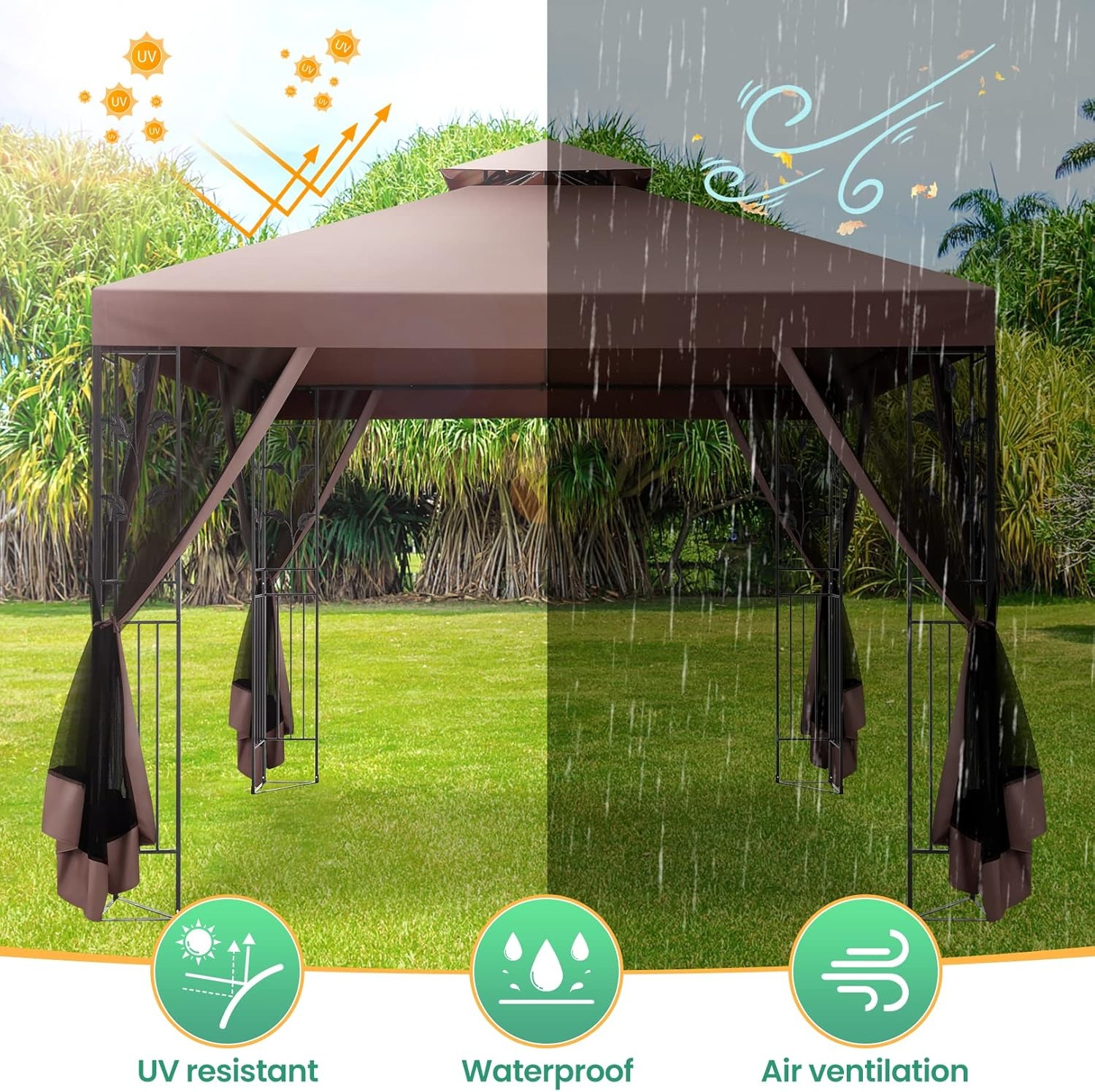 image:imageCOBIZI Gazebo 10x10 Heavy Duty Gazebos with Improved Nettings Outdoor Gazebo Double Roof Patio Gazebos with Metal Steel Frame Outdoor Canopy for Patio Deck Backyard GrayBrown
