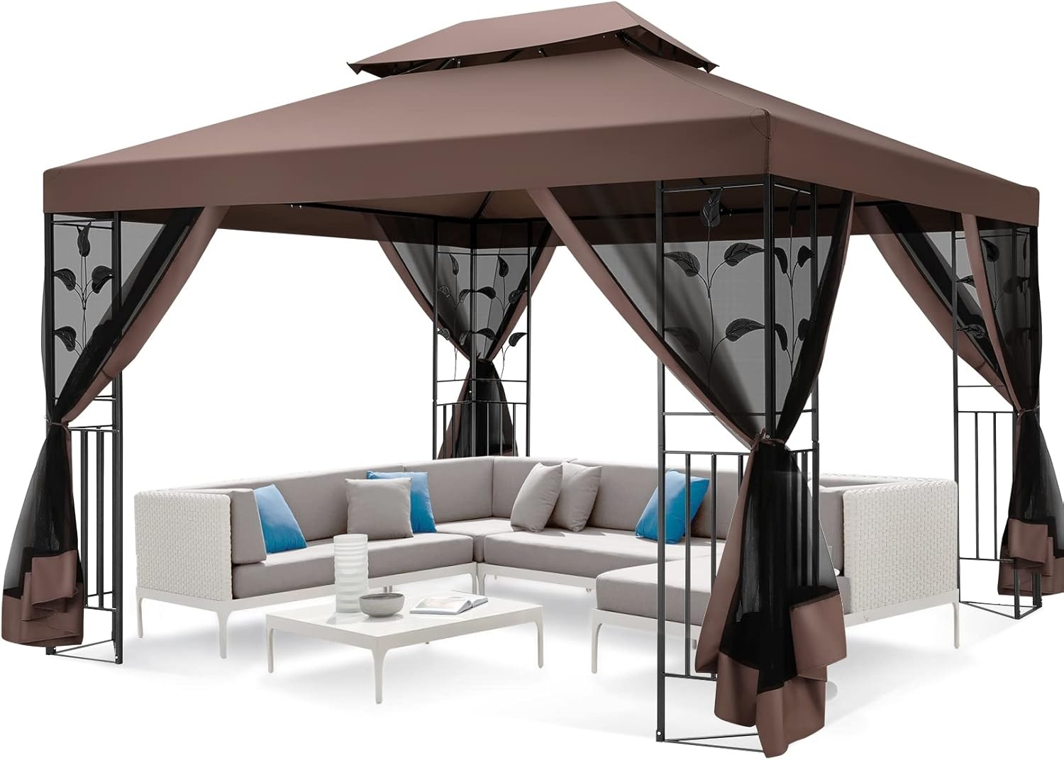 image:imageCOBIZI Gazebo 10x10 Heavy Duty Gazebos with Improved Nettings Outdoor Gazebo Double Roof Patio Gazebos with Metal Steel Frame Outdoor Canopy for Patio Deck Backyard GrayBrownUPF50