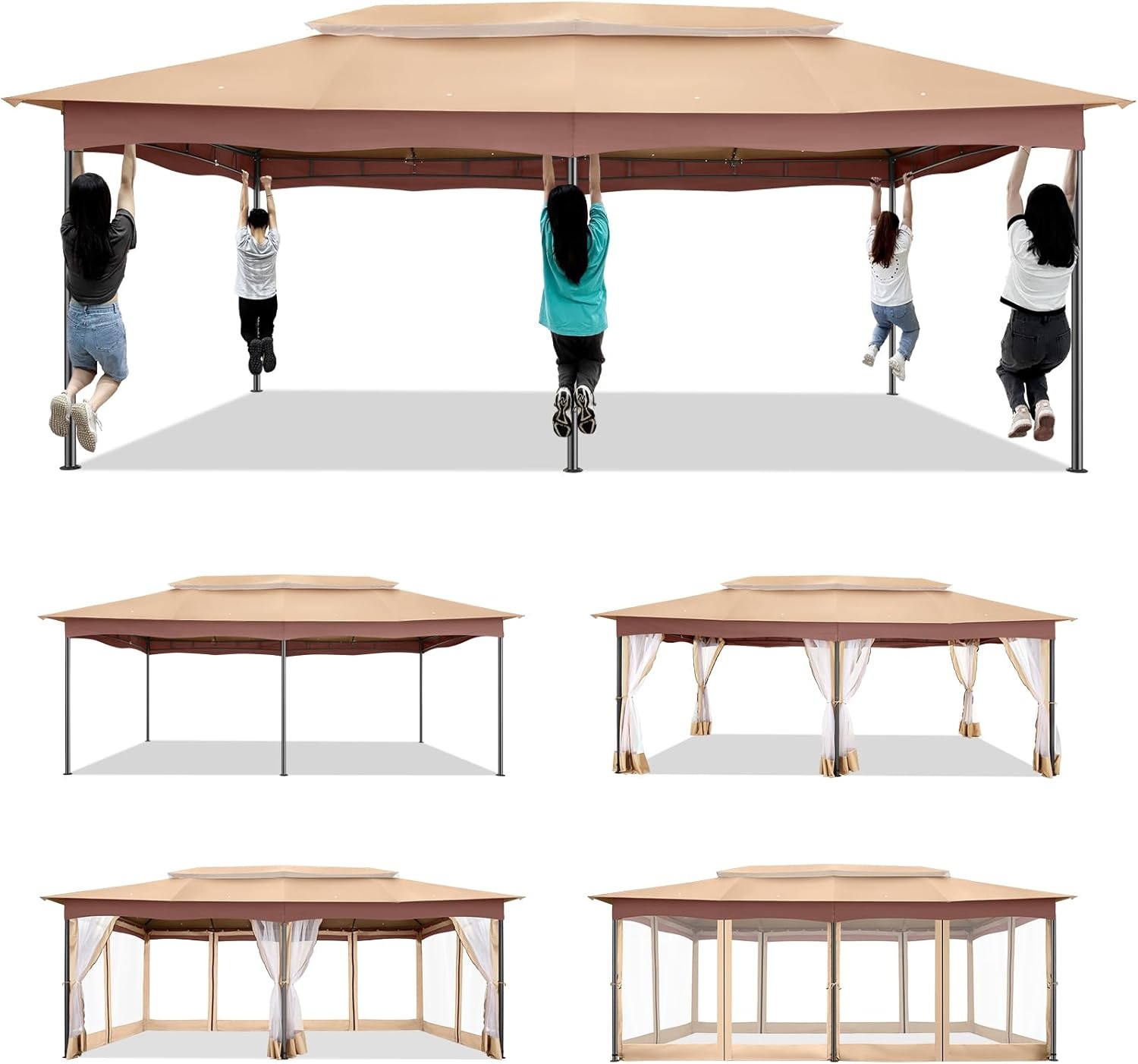 image:imageCOBIZI Gazebo 10x10 Heavy Duty Gazebos with Improved Nettings Outdoor Gazebo Double Roof Patio Gazebos with Metal Steel Frame Outdoor Canopy for Patio Deck Backyard GrayKhakiUPF50