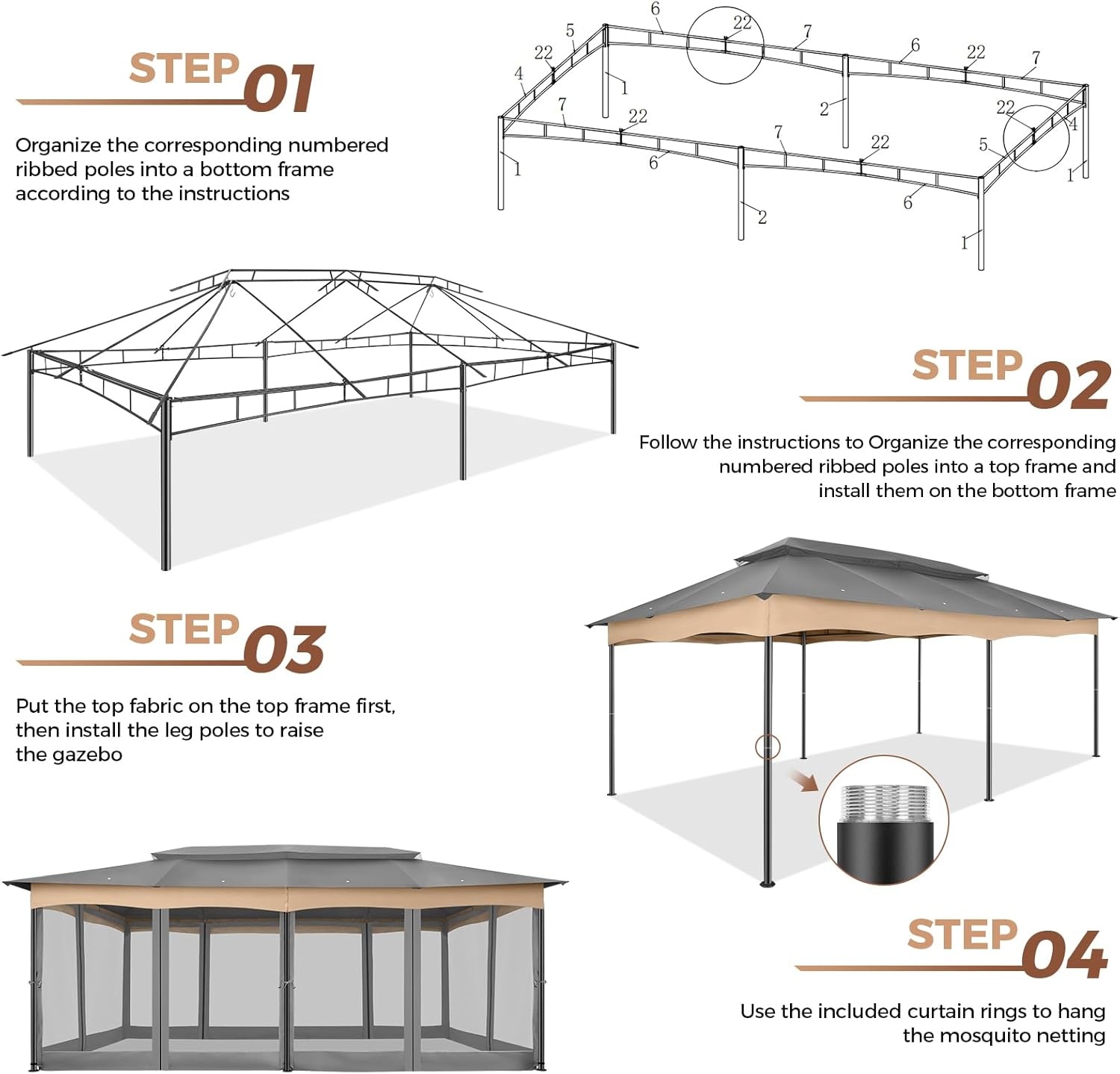 image:imageCOBIZI Gazebo 10x10 Heavy Duty Gazebos with Improved Nettings Outdoor Gazebo Double Roof Patio Gazebos with Metal Steel Frame Outdoor Canopy for Patio Deck Backyard GrayGrayUPF50