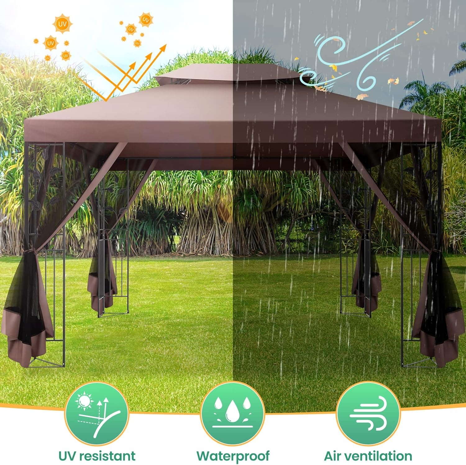 image:imageCOBIZI Gazebo 10x10 Heavy Duty Gazebos with Improved Nettings Outdoor Gazebo Double Roof Patio Gazebos with Metal Steel Frame Outdoor Canopy for Patio Deck Backyard GrayBrownUPF50