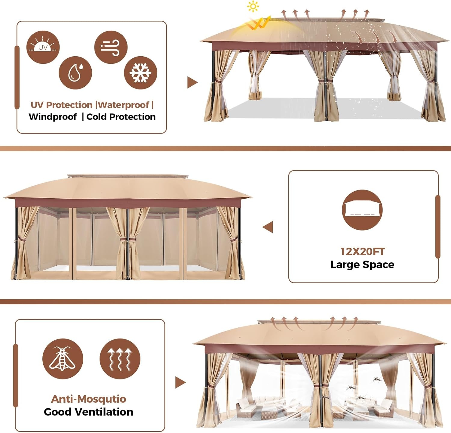 image:imageCOBIZI Gazebo 10x10 Heavy Duty Gazebos with Improved Nettings Outdoor Gazebo Double Roof Patio Gazebos with Metal Steel Frame Outdoor Canopy for Patio Deck Backyard GrayBeigeUPF50