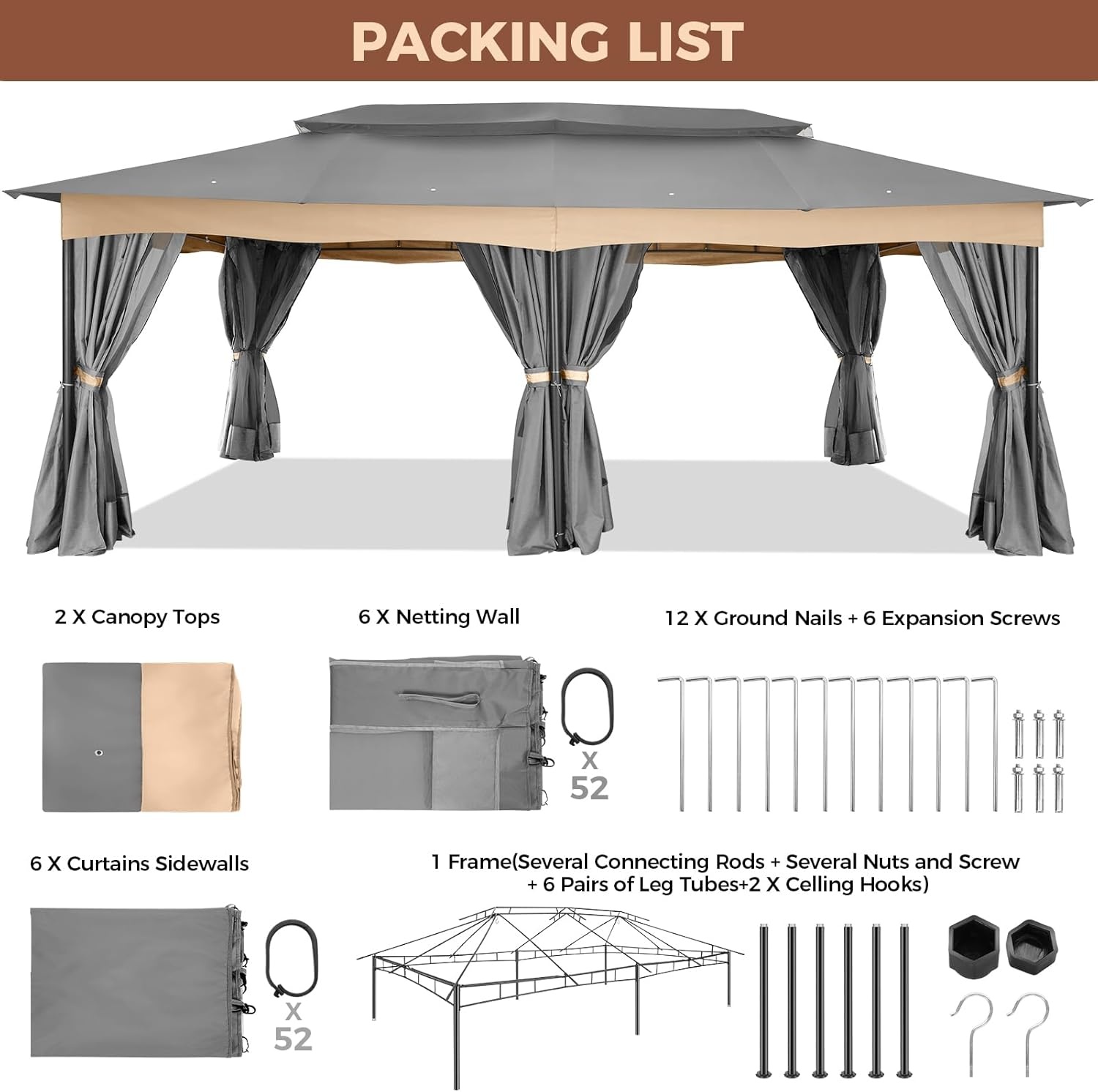 image:imageCOBIZI Gazebo 10x10 Heavy Duty Gazebos with Improved Nettings Outdoor Gazebo Double Roof Patio Gazebos with Metal Steel Frame Outdoor Canopy for Patio Deck Backyard GrayGrayUPF50