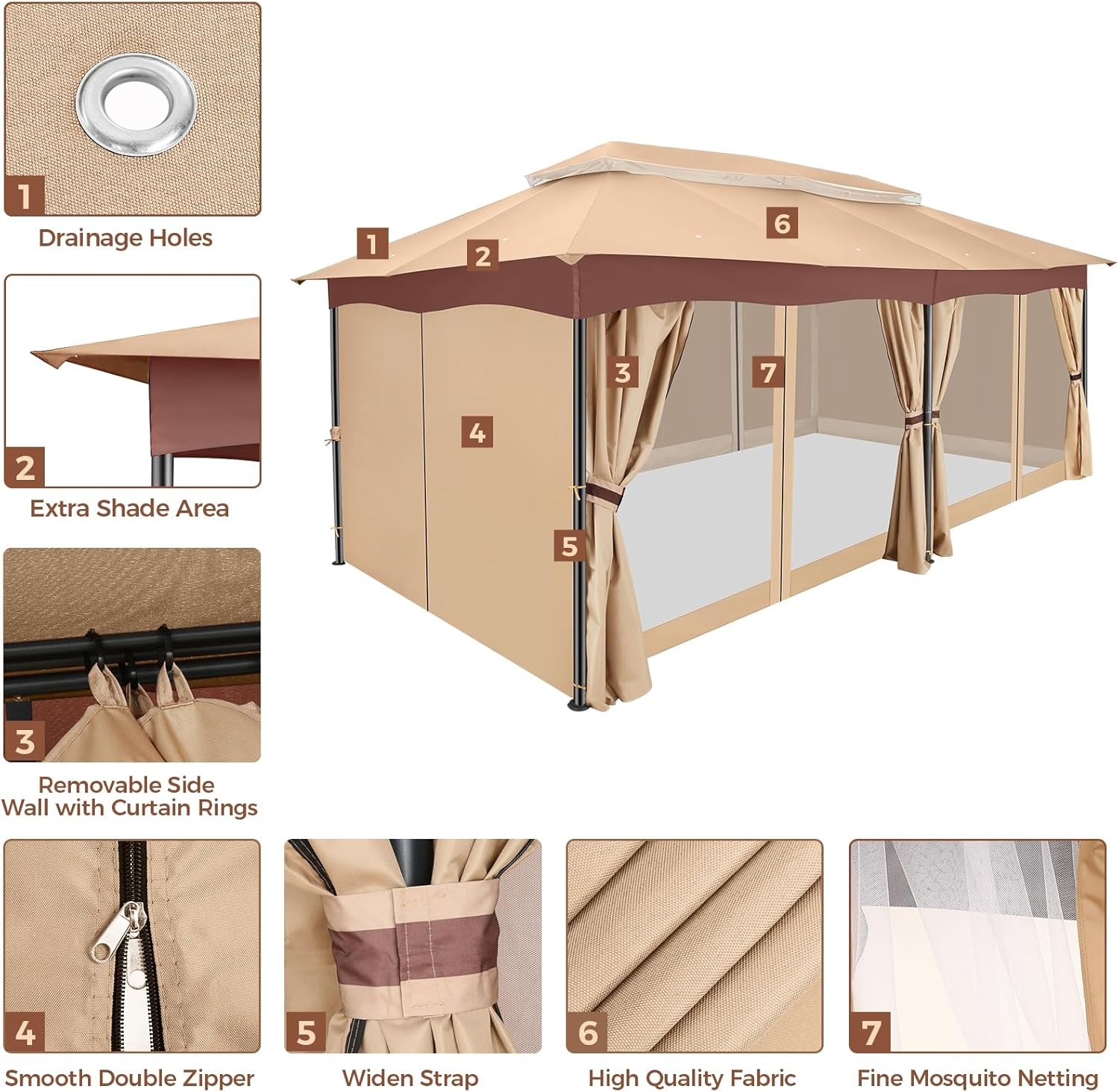 image:imageCOBIZI Gazebo 10x10 Heavy Duty Gazebos with Improved Nettings Outdoor Gazebo Double Roof Patio Gazebos with Metal Steel Frame Outdoor Canopy for Patio Deck Backyard GrayKhakiUPF50
