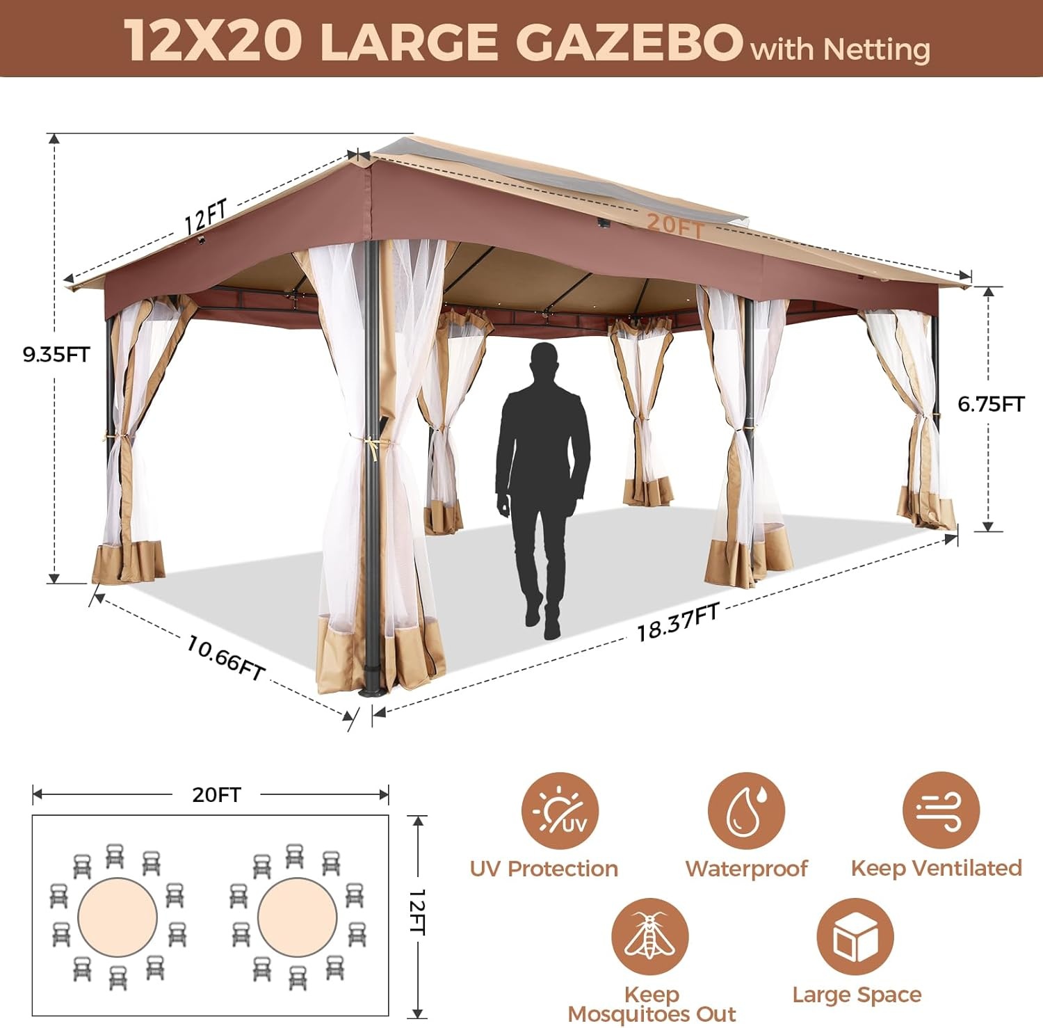 image:imageCOBIZI Gazebo 10x10 Heavy Duty Gazebos with Improved Nettings Outdoor Gazebo Double Roof Patio Gazebos with Metal Steel Frame Outdoor Canopy for Patio Deck Backyard GrayKhakiUPF50