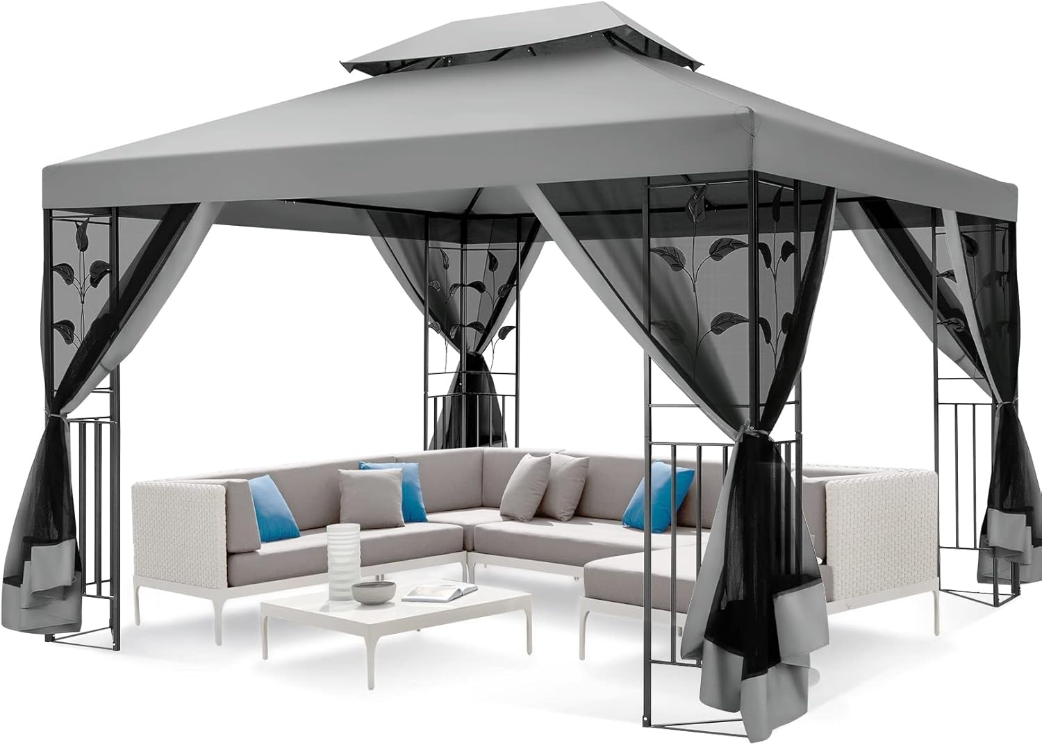 image:imageCOBIZI Gazebo 10x10 Heavy Duty Gazebos with Improved Nettings Outdoor Gazebo Double Roof Patio Gazebos with Metal Steel Frame Outdoor Canopy for Patio Deck Backyard GrayGrayUPF50