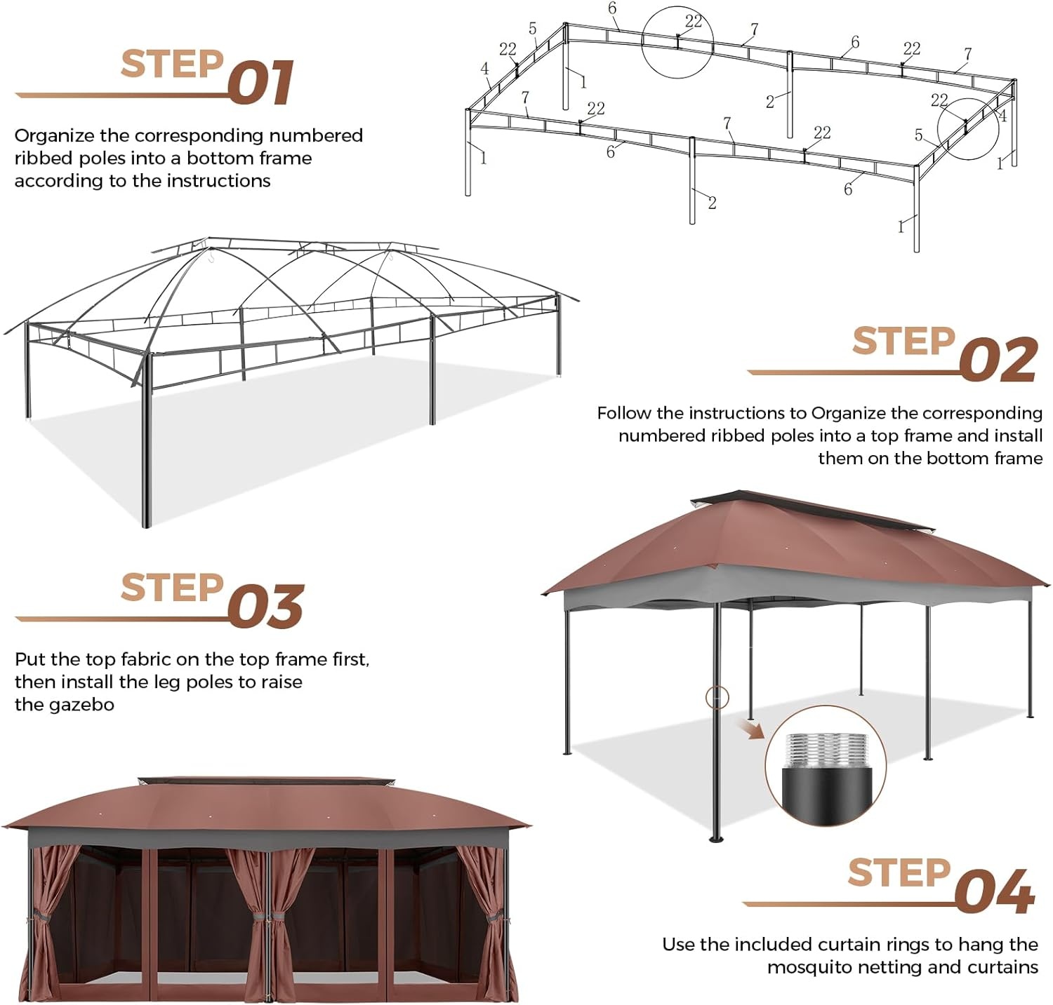 image:imageCOBIZI Gazebo 10x10 Heavy Duty Gazebos with Improved Nettings Outdoor Gazebo Double Roof Patio Gazebos with Metal Steel Frame Outdoor Canopy for Patio Deck Backyard GrayRed BrownUPF50