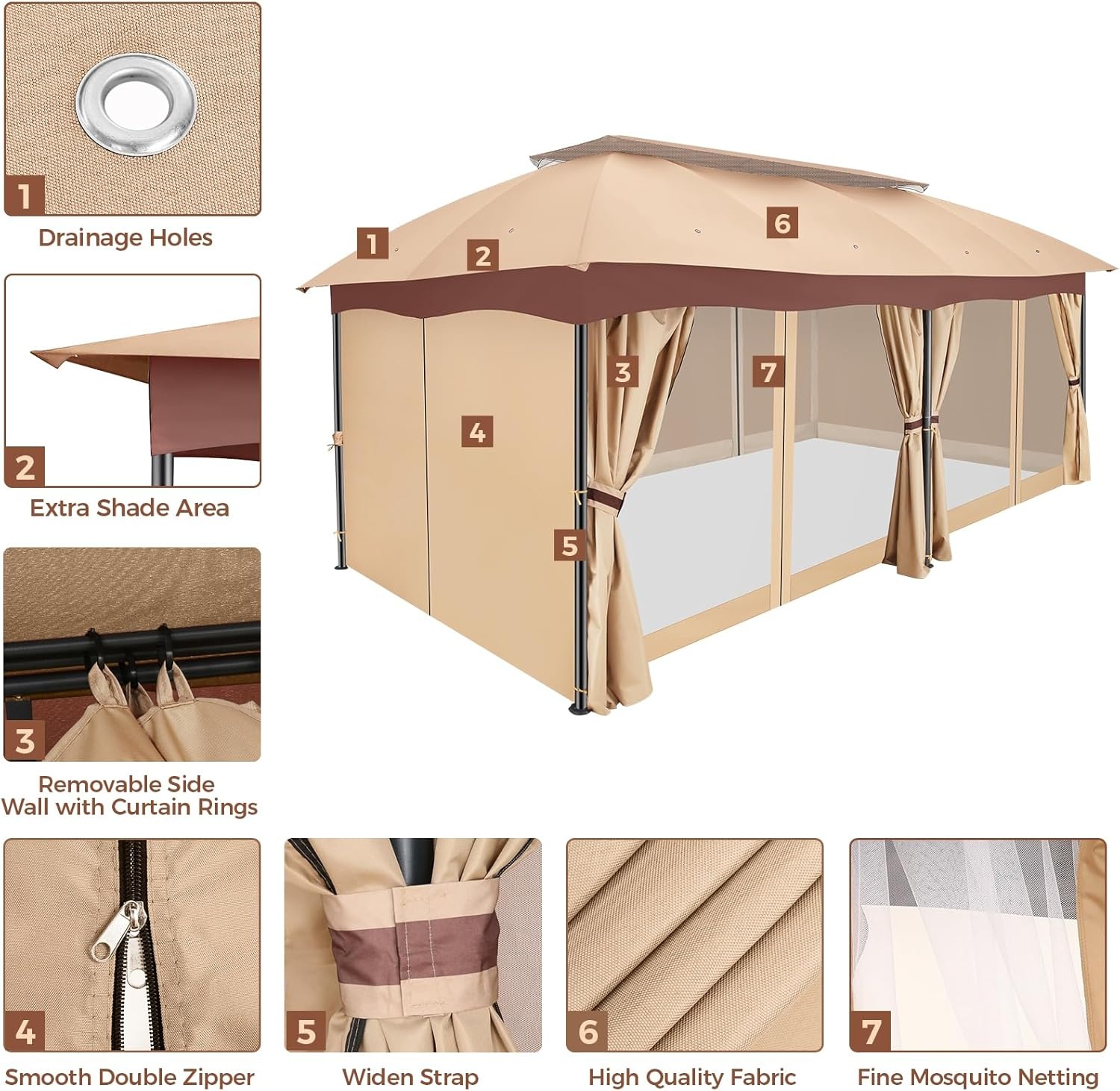 image:imageCOBIZI Gazebo 10x10 Heavy Duty Gazebos with Improved Nettings Outdoor Gazebo Double Roof Patio Gazebos with Metal Steel Frame Outdoor Canopy for Patio Deck Backyard GrayBeigeUPF50