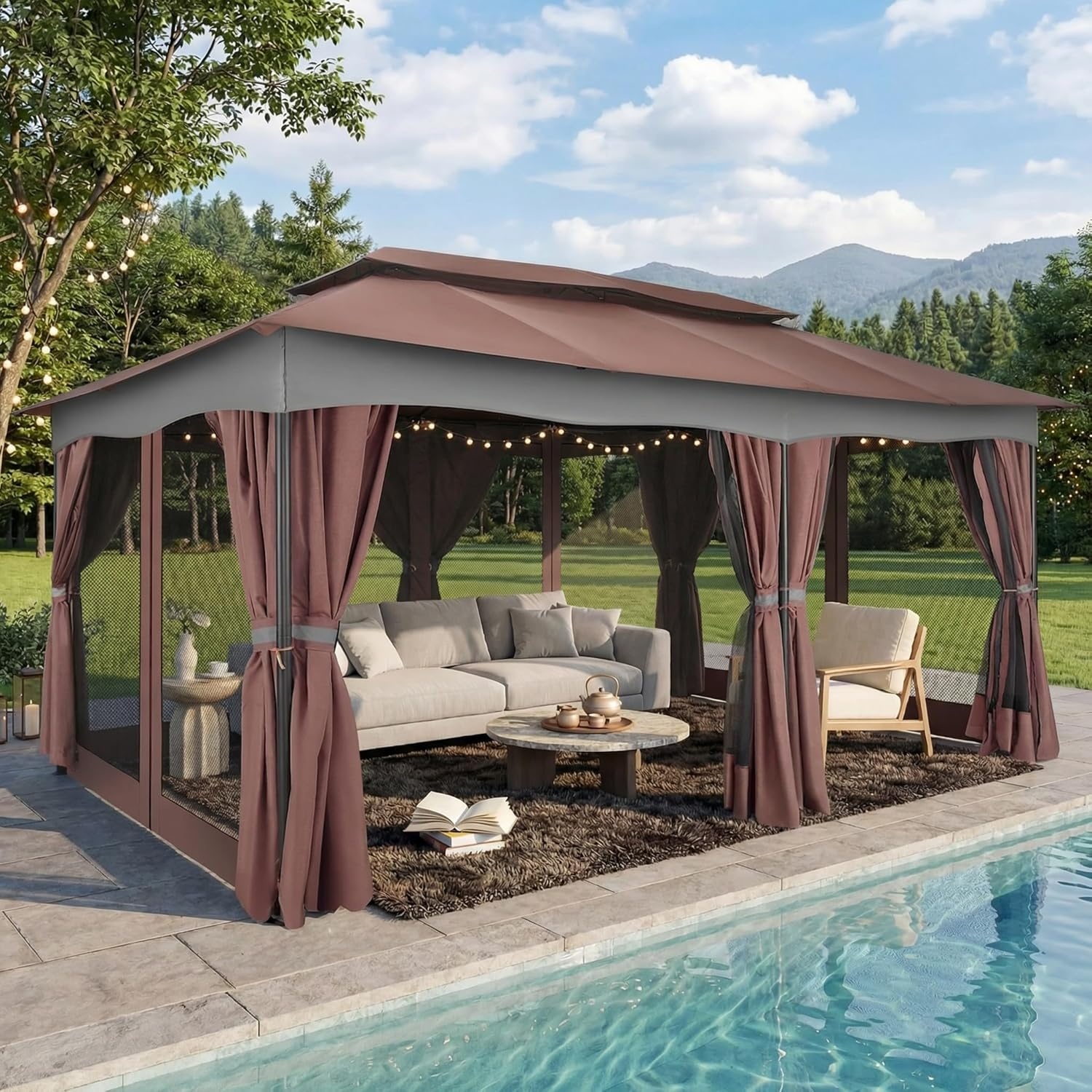 image:imageCOBIZI Gazebo 10x10 Heavy Duty Gazebos with Improved Nettings Outdoor Gazebo Double Roof Patio Gazebos with Metal Steel Frame Outdoor Canopy for Patio Deck Backyard GrayBrownUPF50