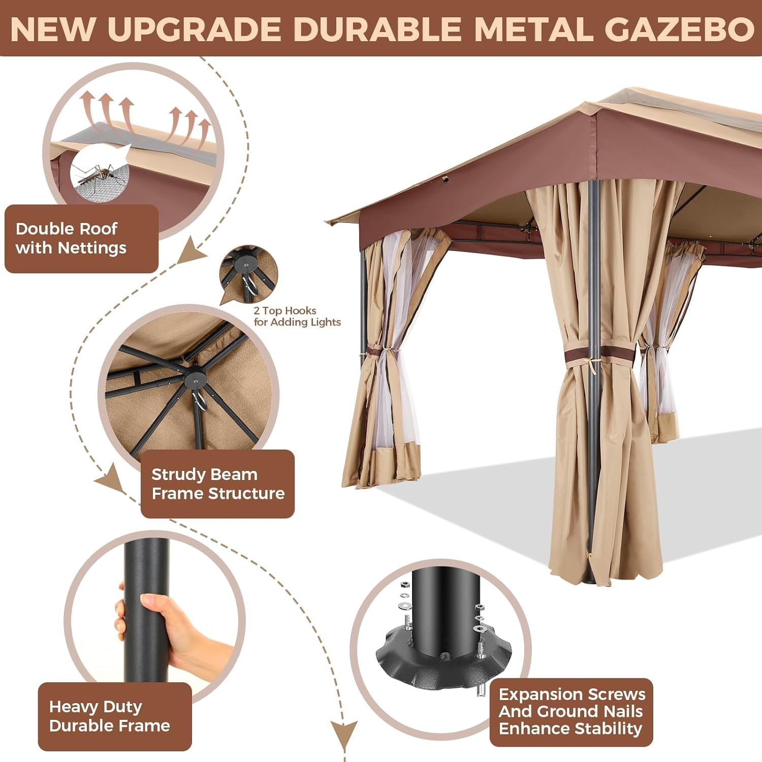 image:imageCOBIZI Gazebo 10x10 Heavy Duty Gazebos with Improved Nettings Outdoor Gazebo Double Roof Patio Gazebos with Metal Steel Frame Outdoor Canopy for Patio Deck Backyard GrayKhakiUPF50