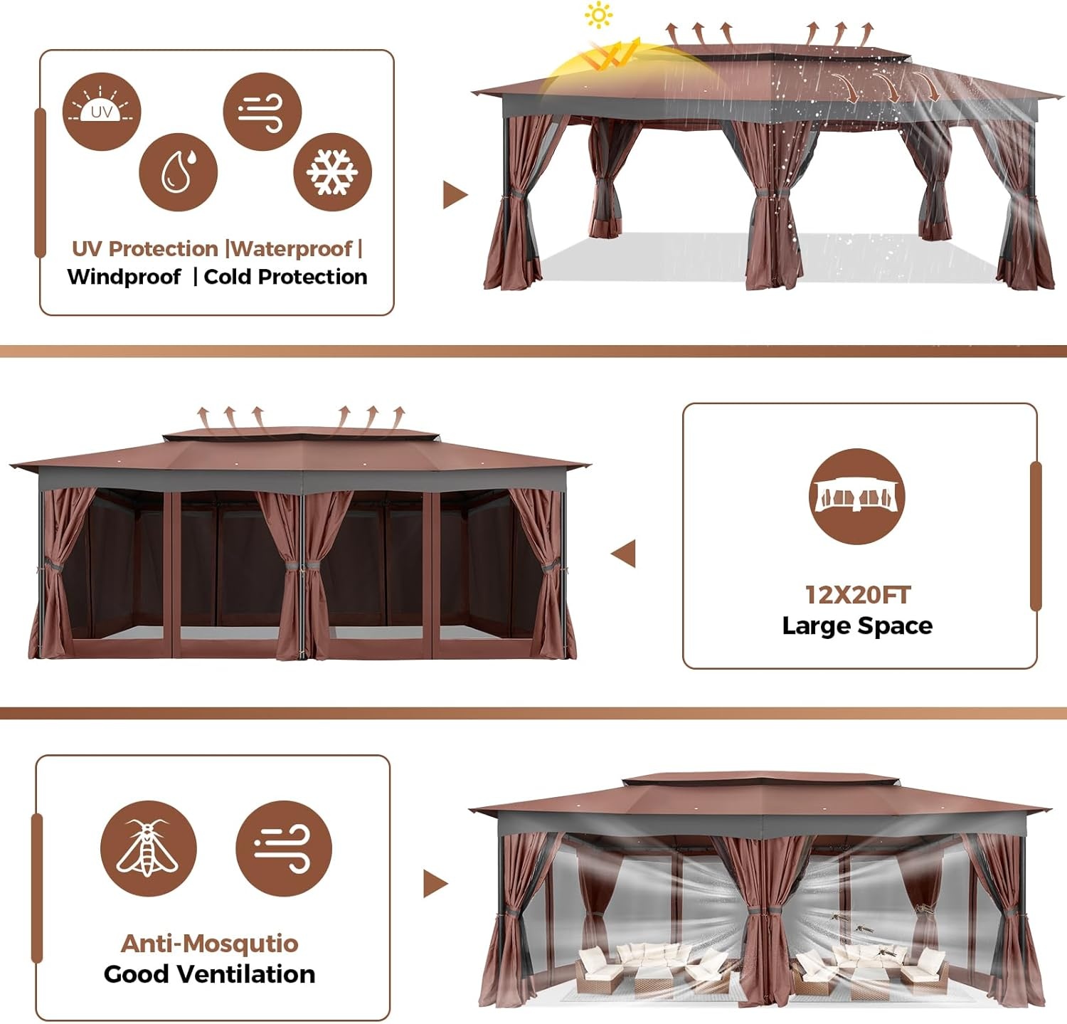 image:imageCOBIZI Gazebo 10x10 Heavy Duty Gazebos with Improved Nettings Outdoor Gazebo Double Roof Patio Gazebos with Metal Steel Frame Outdoor Canopy for Patio Deck Backyard GrayBrownUPF50