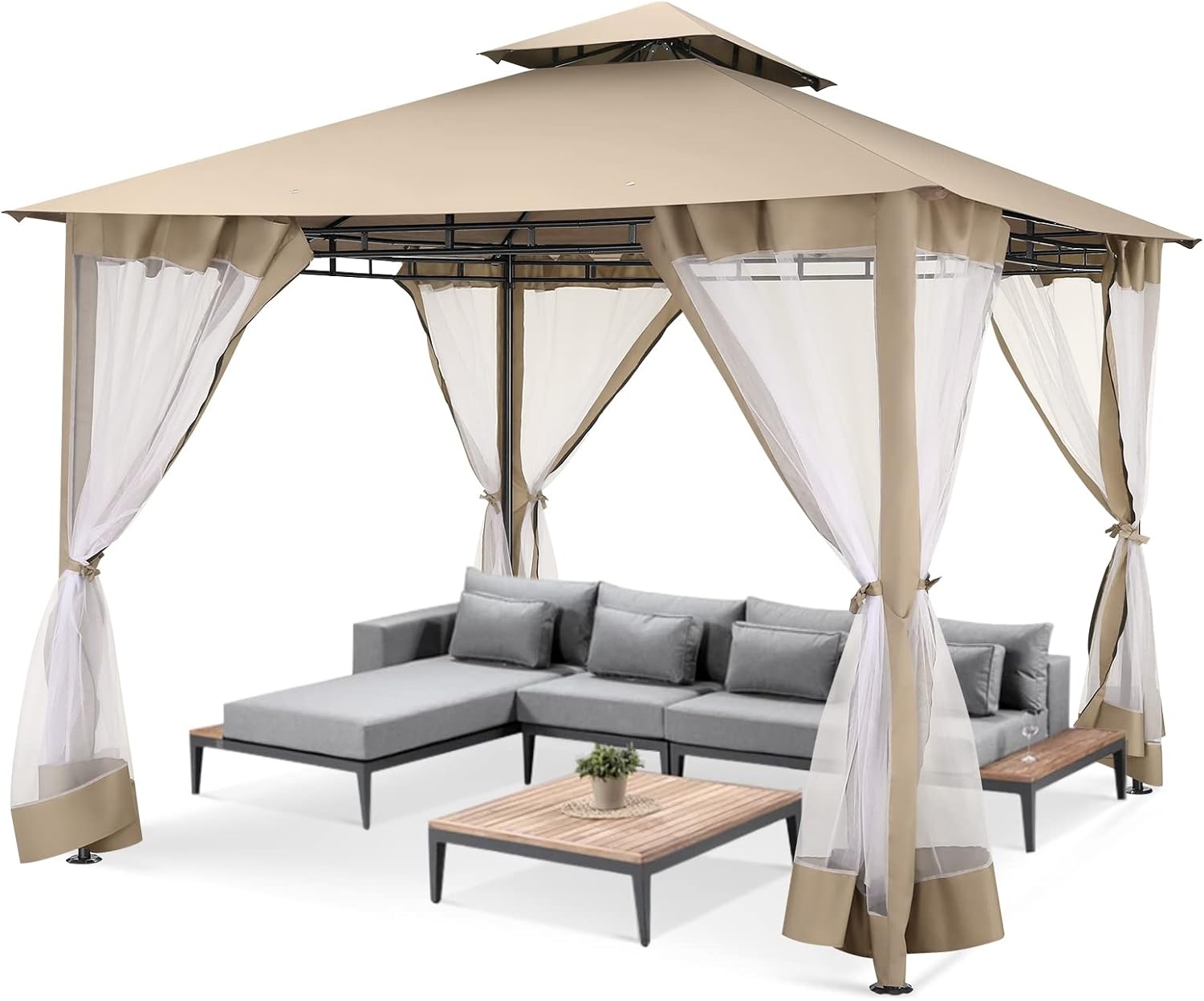 image:imageCOBIZI Gazebo 10x10 Heavy Duty Gazebos with Improved Nettings Outdoor Gazebo Double Roof Patio Gazebos with Metal Steel Frame Outdoor Canopy for Patio Deck Backyard GrayKhakiUPF50
