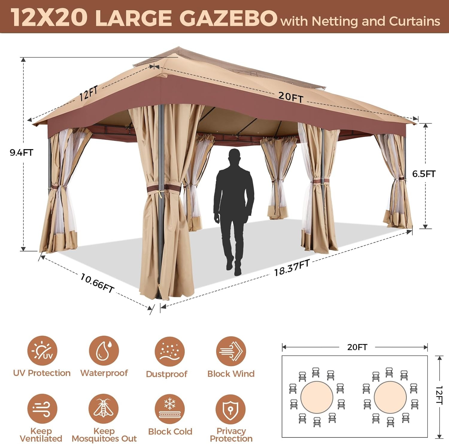 image:imageCOBIZI Gazebo 10x10 Heavy Duty Gazebos with Improved Nettings Outdoor Gazebo Double Roof Patio Gazebos with Metal Steel Frame Outdoor Canopy for Patio Deck Backyard GrayBeigeUPF50