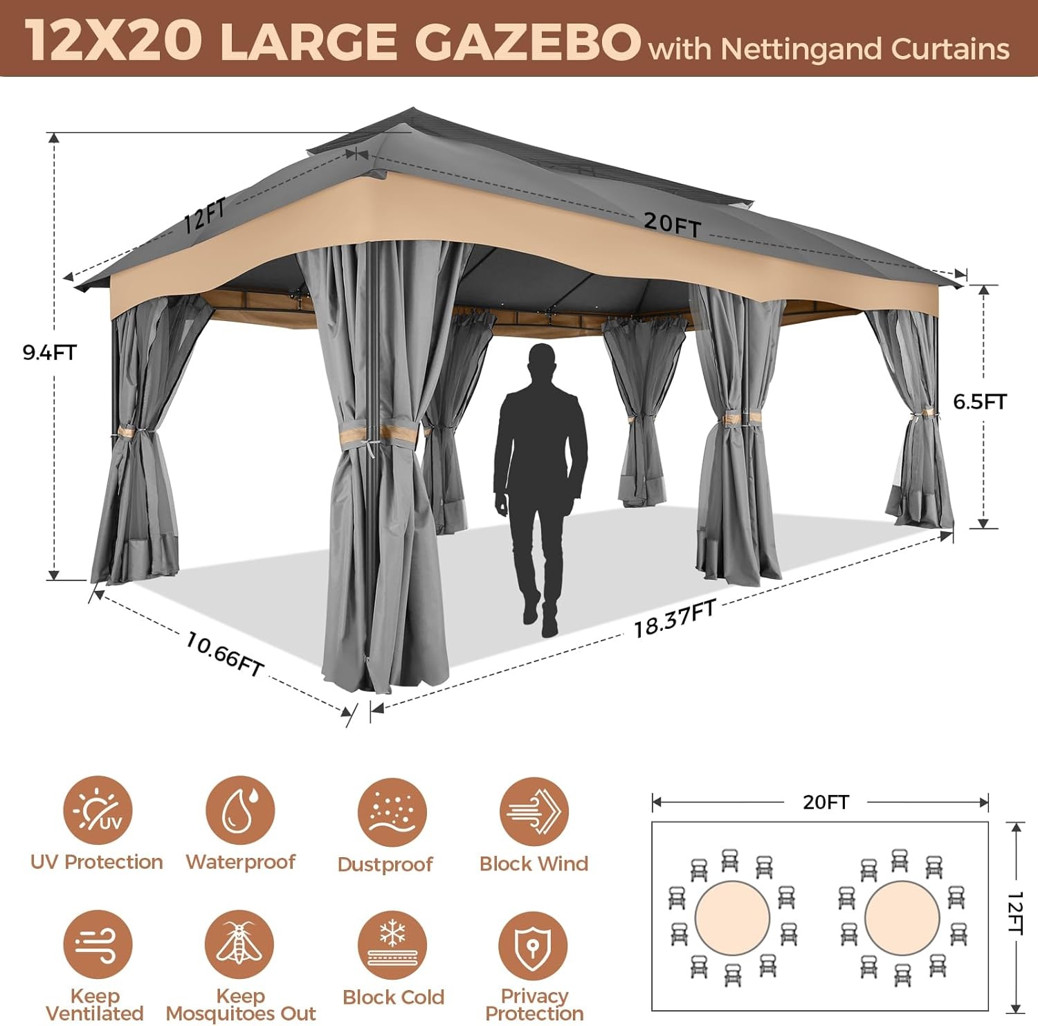 image:imageCOBIZI Gazebo 10x10 Heavy Duty Gazebos with Improved Nettings Outdoor Gazebo Double Roof Patio Gazebos with Metal Steel Frame Outdoor Canopy for Patio Deck Backyard GrayGreyUPF50
