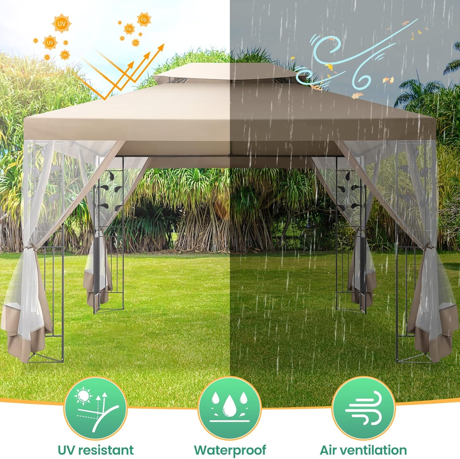 image:imageCOBIZI Gazebo 10x10 Heavy Duty Gazebos with Improved Nettings Outdoor Gazebo Double Roof Patio Gazebos with Metal Steel Frame Outdoor Canopy for Patio Deck Backyard GrayKhakiUPF50