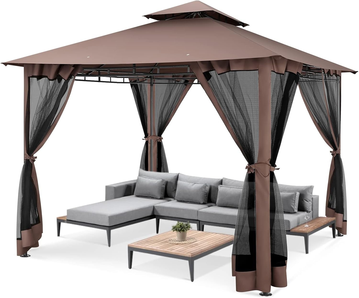 image:imageCOBIZI Gazebo 10x10 Heavy Duty Gazebos with Improved Nettings Outdoor Gazebo Double Roof Patio Gazebos with Metal Steel Frame Outdoor Canopy for Patio Deck Backyard GrayBrownUPF50