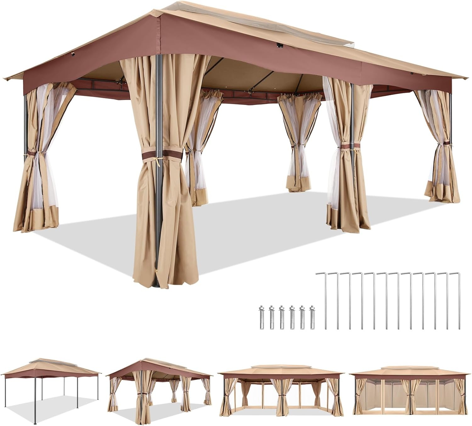 image:imageCOBIZI Gazebo 10x10 Heavy Duty Gazebos with Improved Nettings Outdoor Gazebo Double Roof Patio Gazebos with Metal Steel Frame Outdoor Canopy for Patio Deck Backyard GrayKhakiUPF50