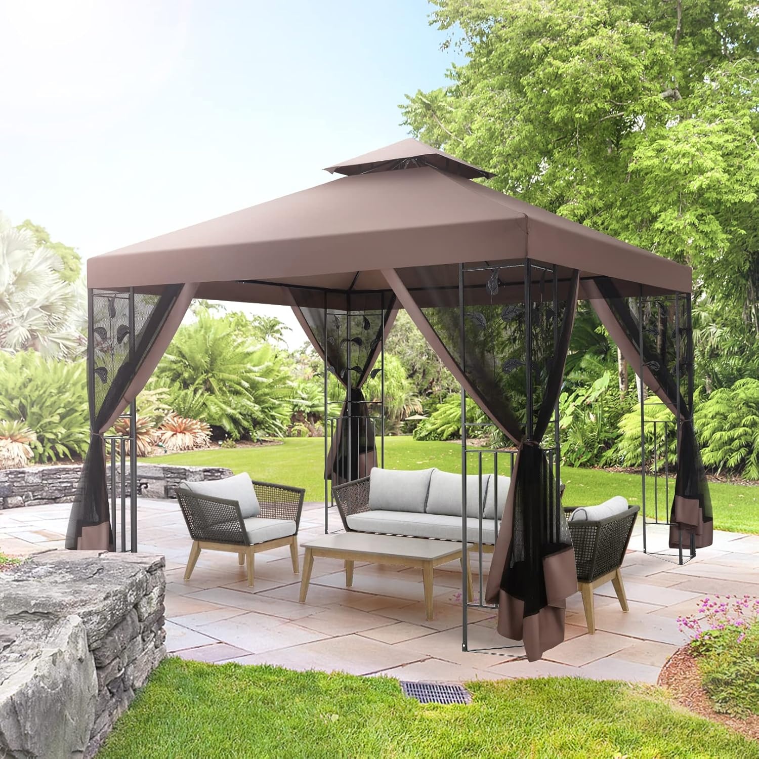 image:imageCOBIZI Gazebo 10x10 Heavy Duty Gazebos with Improved Nettings Outdoor Gazebo Double Roof Patio Gazebos with Metal Steel Frame Outdoor Canopy for Patio Deck Backyard GrayBrown