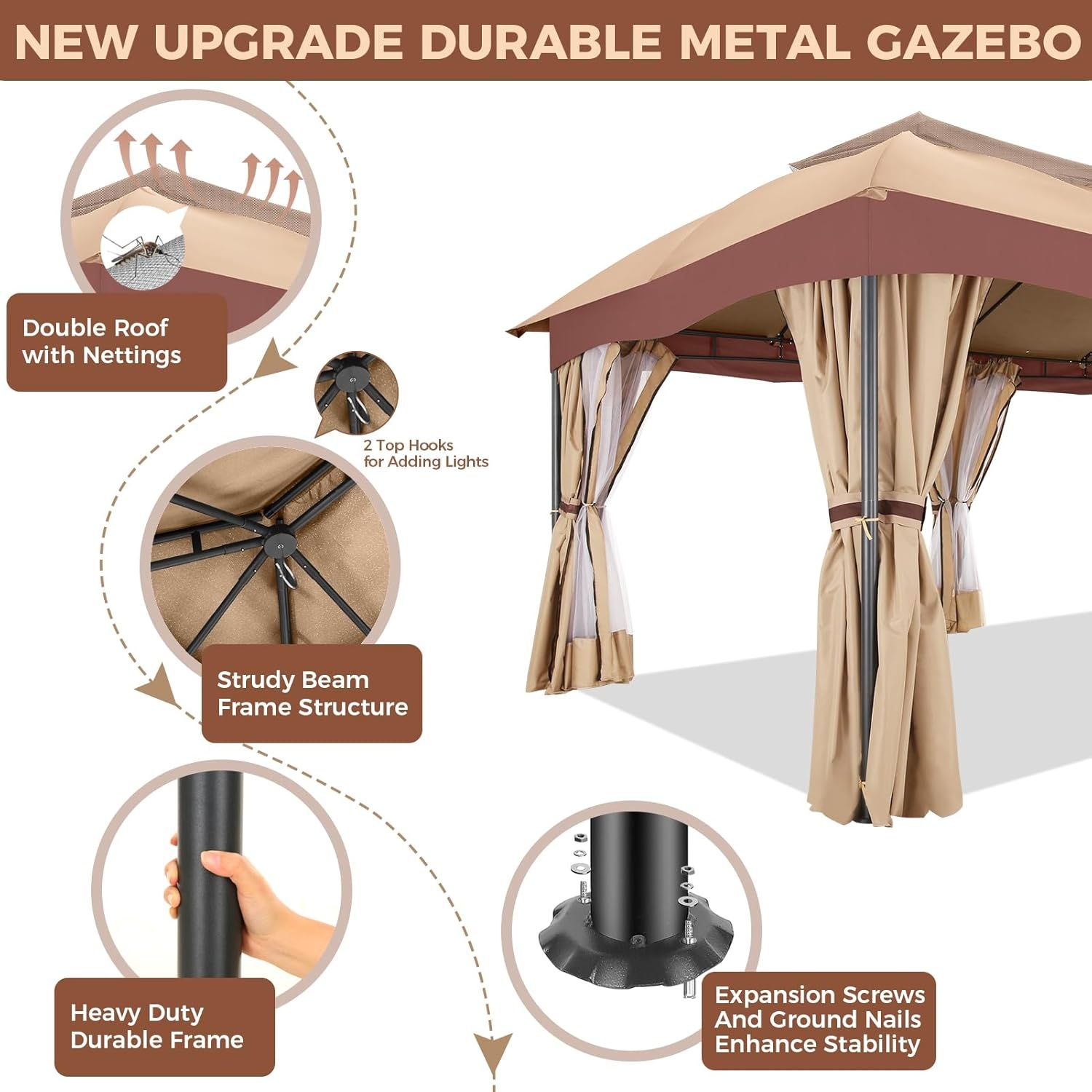 image:imageCOBIZI Gazebo 10x10 Heavy Duty Gazebos with Improved Nettings Outdoor Gazebo Double Roof Patio Gazebos with Metal Steel Frame Outdoor Canopy for Patio Deck Backyard GrayBeigeUPF50