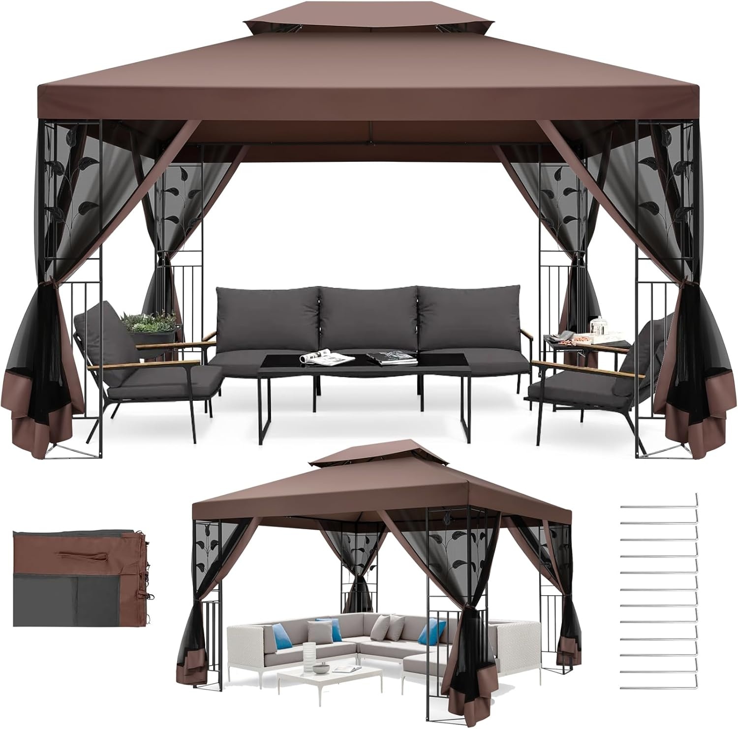 image:imageCOBIZI Gazebo 10x10 Heavy Duty Gazebos with Improved Nettings Outdoor Gazebo Double Roof Patio Gazebos with Metal Steel Frame Outdoor Canopy for Patio Deck Backyard GrayBrownUPF50