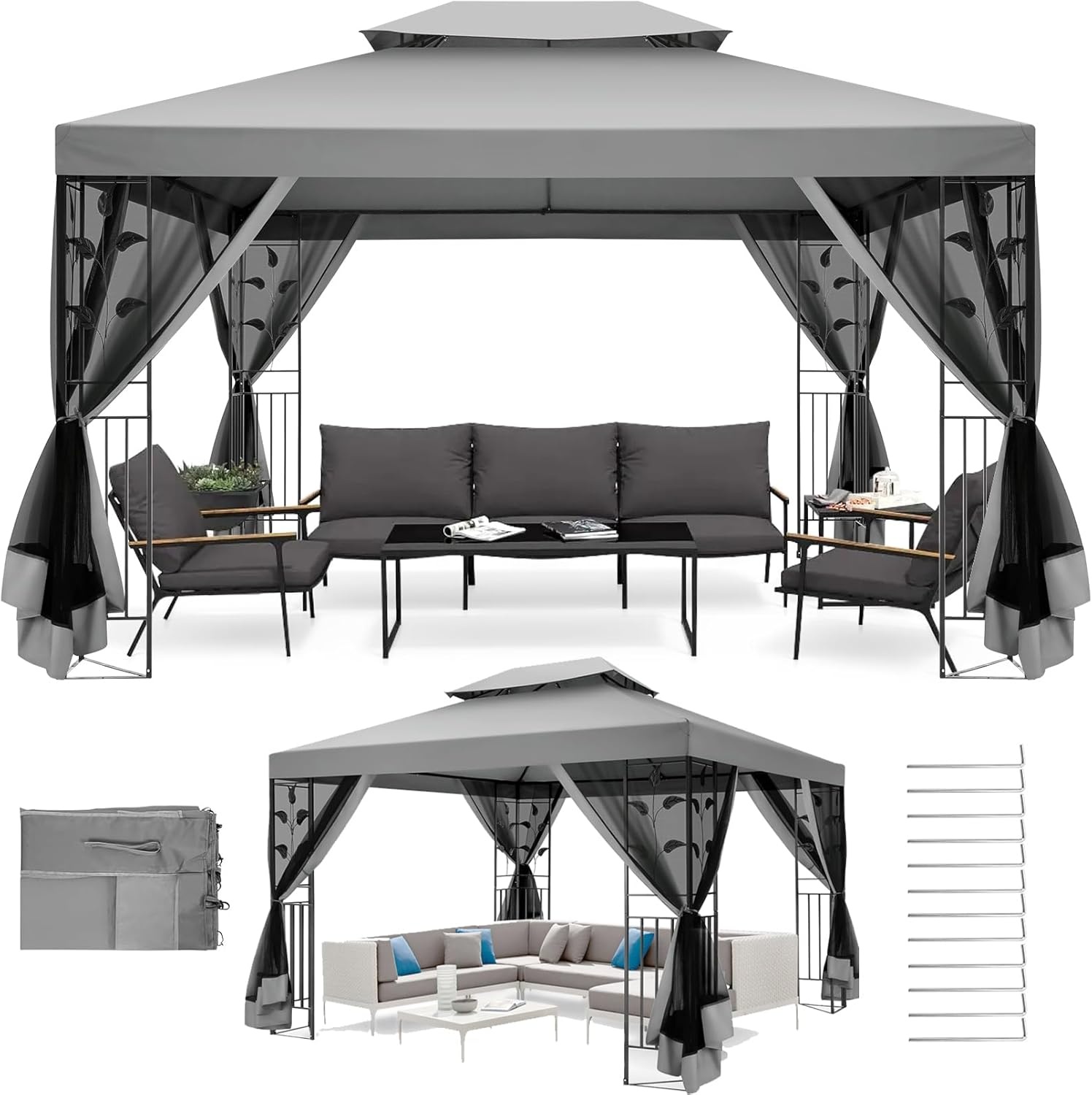 image:imageCOBIZI Gazebo 10x10 Heavy Duty Gazebos with Improved Nettings Outdoor Gazebo Double Roof Patio Gazebos with Metal Steel Frame Outdoor Canopy for Patio Deck Backyard GrayGrayUPF50