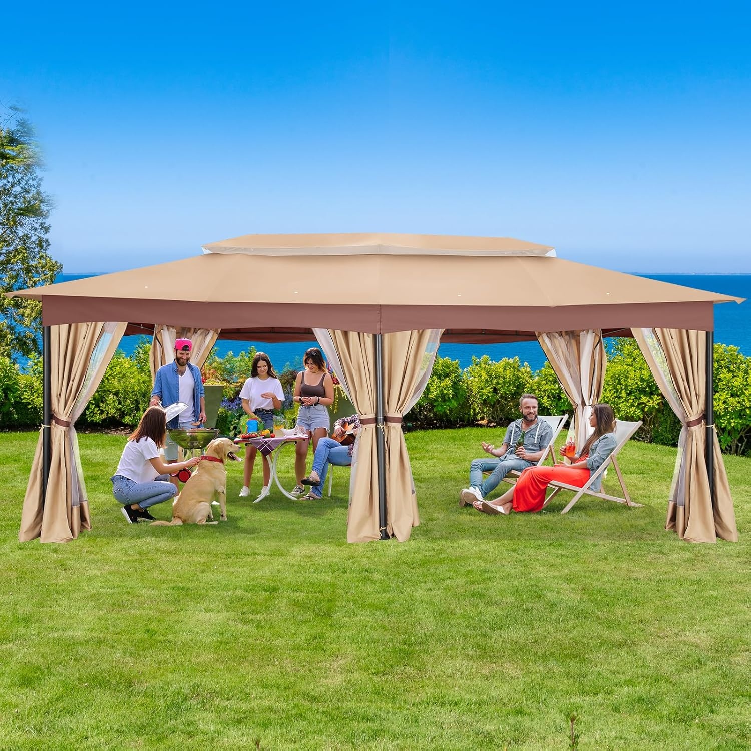 image:imageCOBIZI Gazebo 10x10 Heavy Duty Gazebos with Improved Nettings Outdoor Gazebo Double Roof Patio Gazebos with Metal Steel Frame Outdoor Canopy for Patio Deck Backyard GrayKhakiUPF50