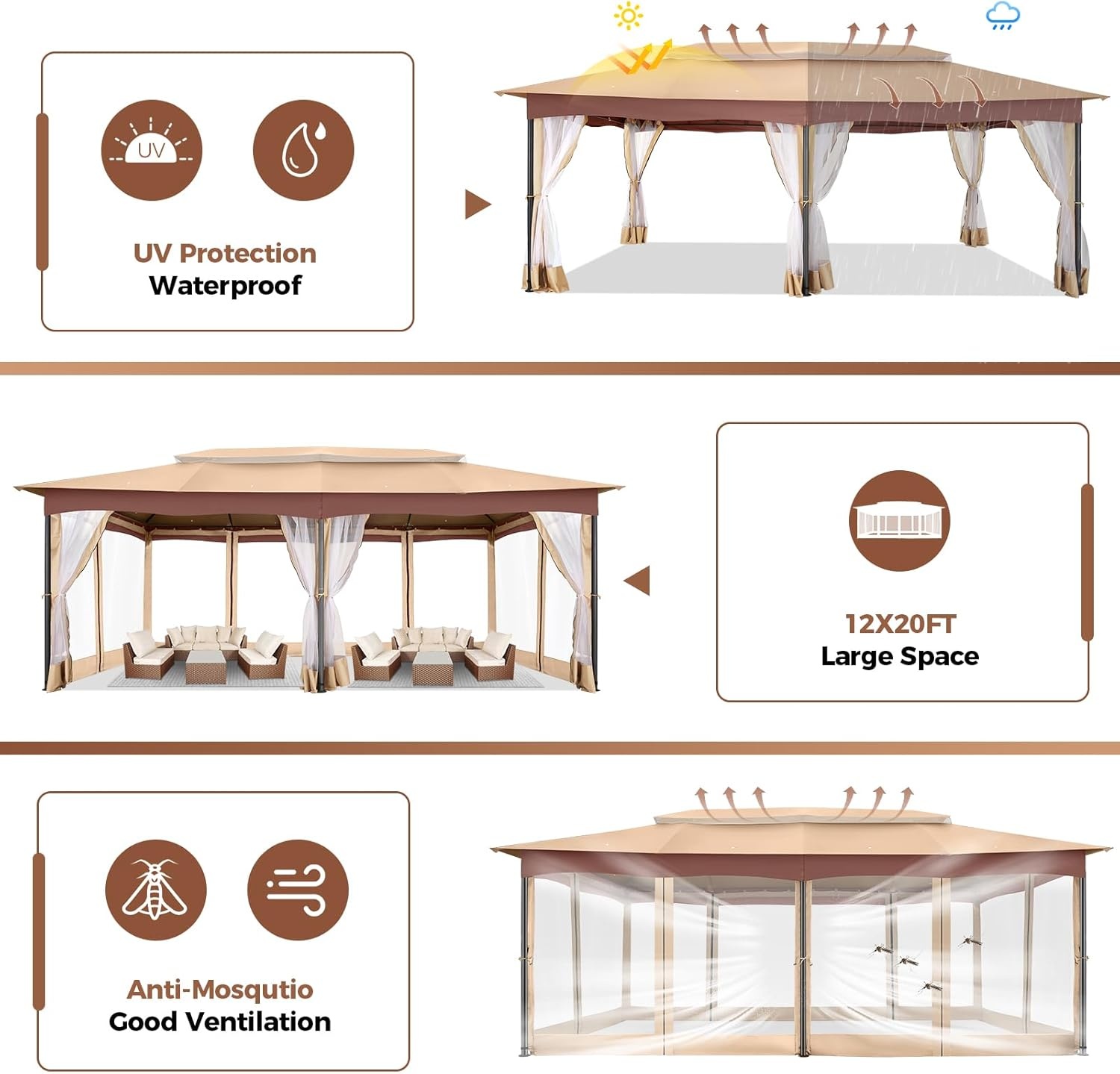 image:imageCOBIZI Gazebo 10x10 Heavy Duty Gazebos with Improved Nettings Outdoor Gazebo Double Roof Patio Gazebos with Metal Steel Frame Outdoor Canopy for Patio Deck Backyard GrayKhakiUPF50
