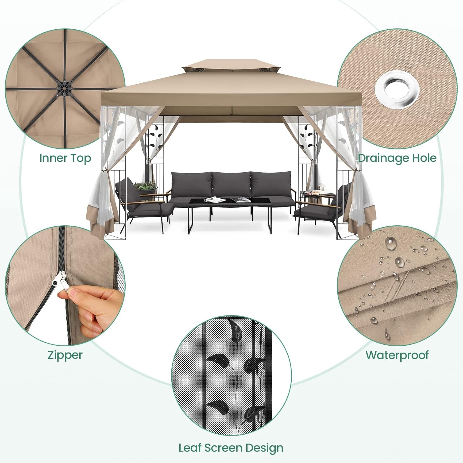 image:imageCOBIZI Gazebo 10x10 Heavy Duty Gazebos with Improved Nettings Outdoor Gazebo Double Roof Patio Gazebos with Metal Steel Frame Outdoor Canopy for Patio Deck Backyard GrayKhakiUPF50