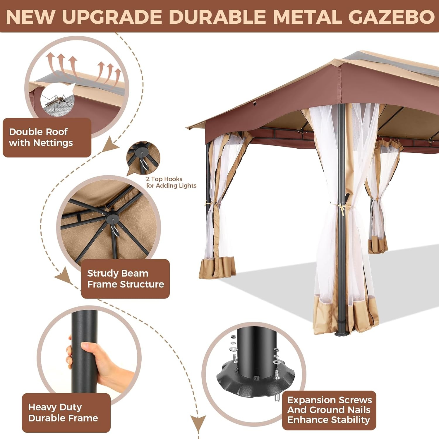 image:imageCOBIZI Gazebo 10x10 Heavy Duty Gazebos with Improved Nettings Outdoor Gazebo Double Roof Patio Gazebos with Metal Steel Frame Outdoor Canopy for Patio Deck Backyard GrayKhakiUPF50