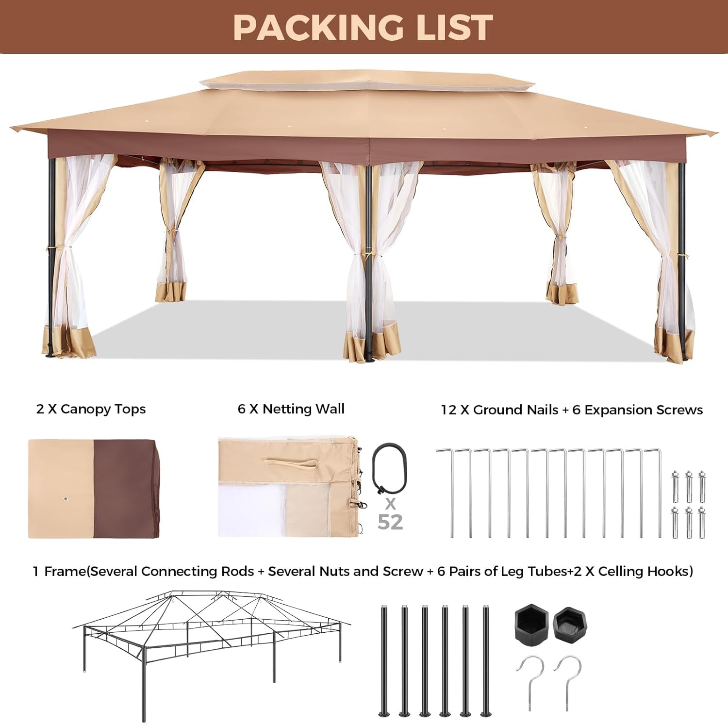 image:imageCOBIZI Gazebo 10x10 Heavy Duty Gazebos with Improved Nettings Outdoor Gazebo Double Roof Patio Gazebos with Metal Steel Frame Outdoor Canopy for Patio Deck Backyard GrayKhakiUPF50