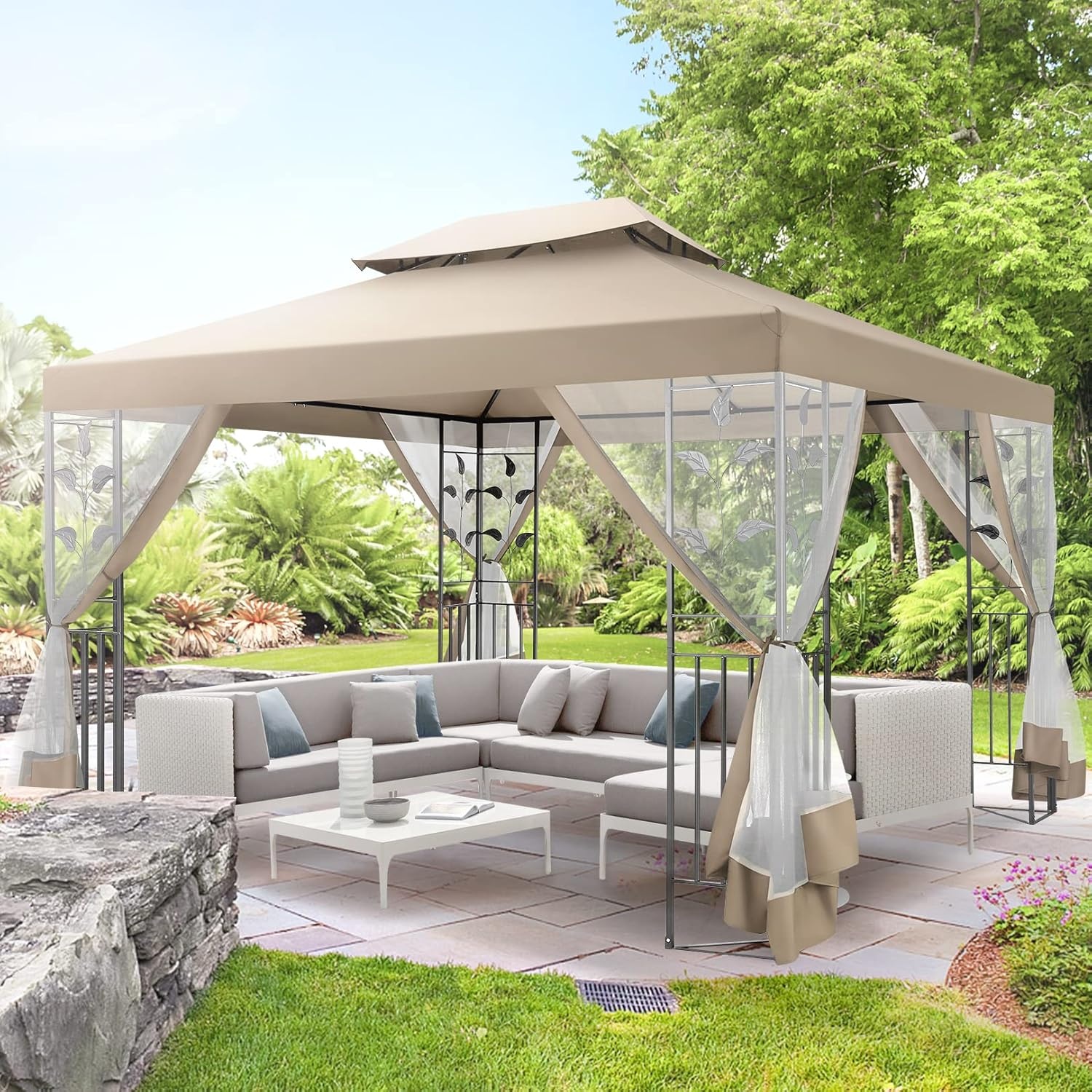 image:imageCOBIZI Gazebo 10x10 Heavy Duty Gazebos with Improved Nettings Outdoor Gazebo Double Roof Patio Gazebos with Metal Steel Frame Outdoor Canopy for Patio Deck Backyard GrayKhaki