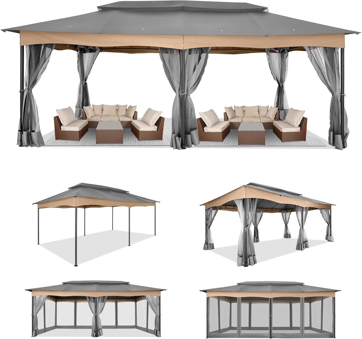 image:imageCOBIZI Gazebo 10x10 Heavy Duty Gazebos with Improved Nettings Outdoor Gazebo Double Roof Patio Gazebos with Metal Steel Frame Outdoor Canopy for Patio Deck Backyard GrayGrayUPF50