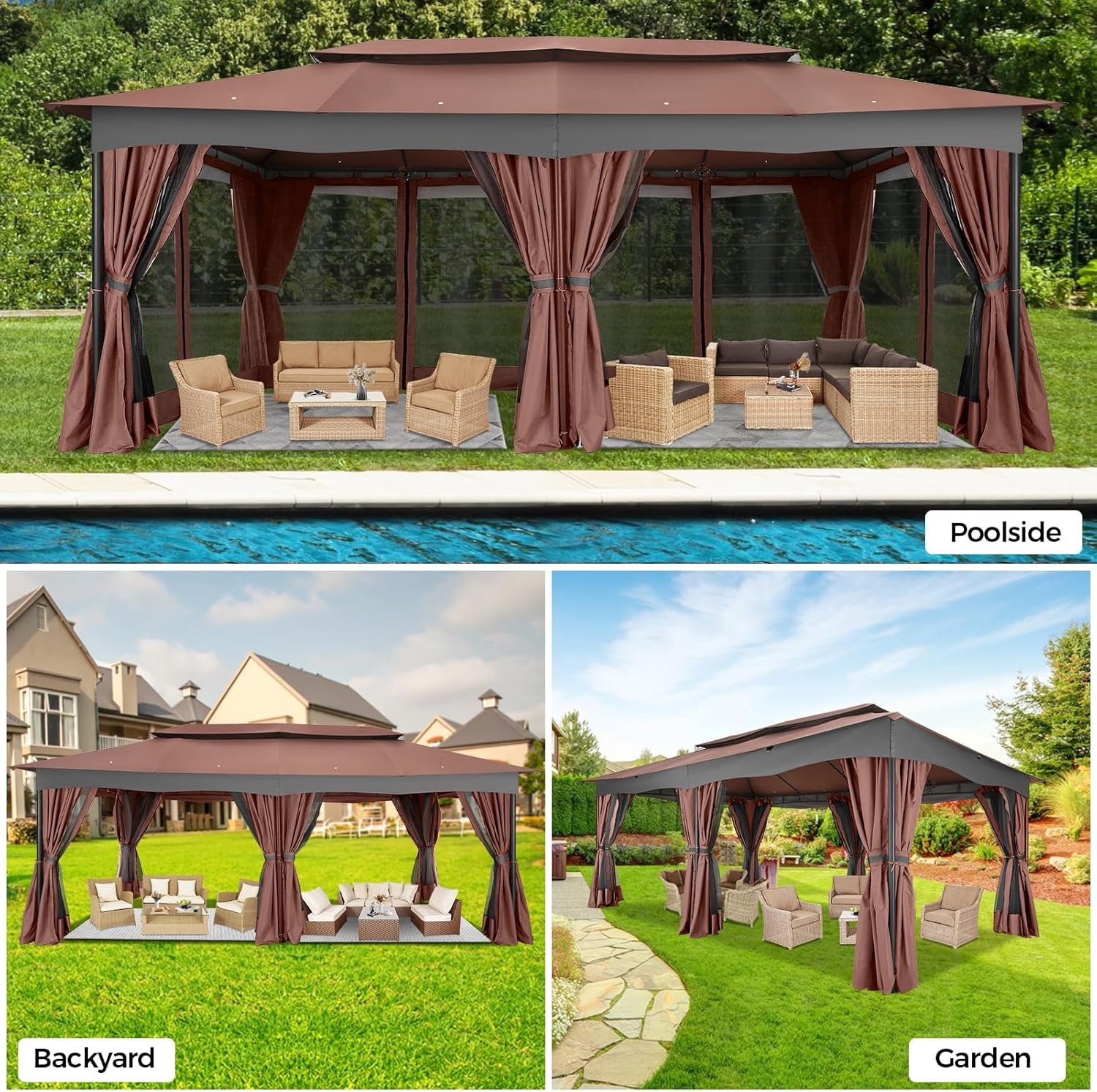 image:imageCOBIZI Gazebo 10x10 Heavy Duty Gazebos with Improved Nettings Outdoor Gazebo Double Roof Patio Gazebos with Metal Steel Frame Outdoor Canopy for Patio Deck Backyard GrayBrownUPF50
