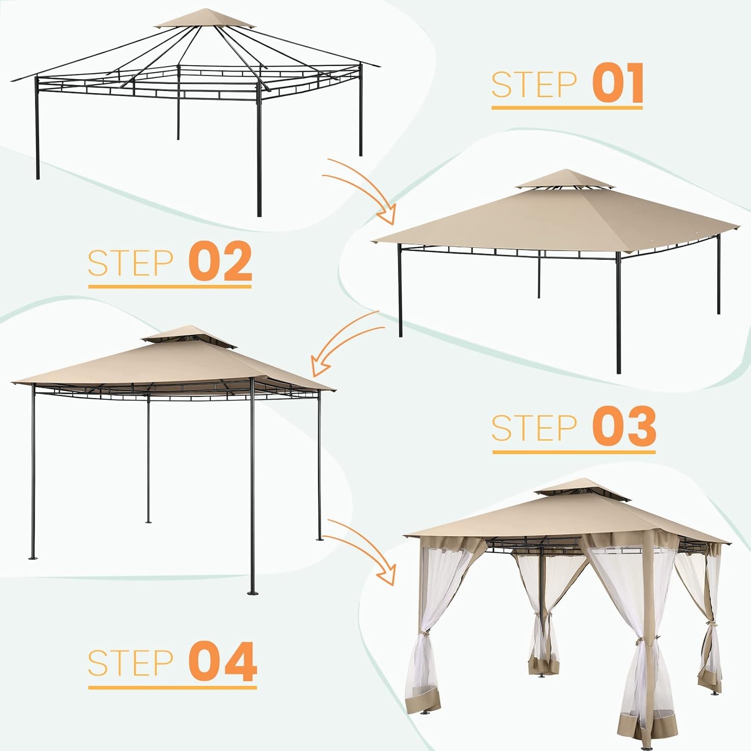 image:imageCOBIZI Gazebo 10x10 Heavy Duty Gazebos with Improved Nettings Outdoor Gazebo Double Roof Patio Gazebos with Metal Steel Frame Outdoor Canopy for Patio Deck Backyard GrayKhakiUPF50