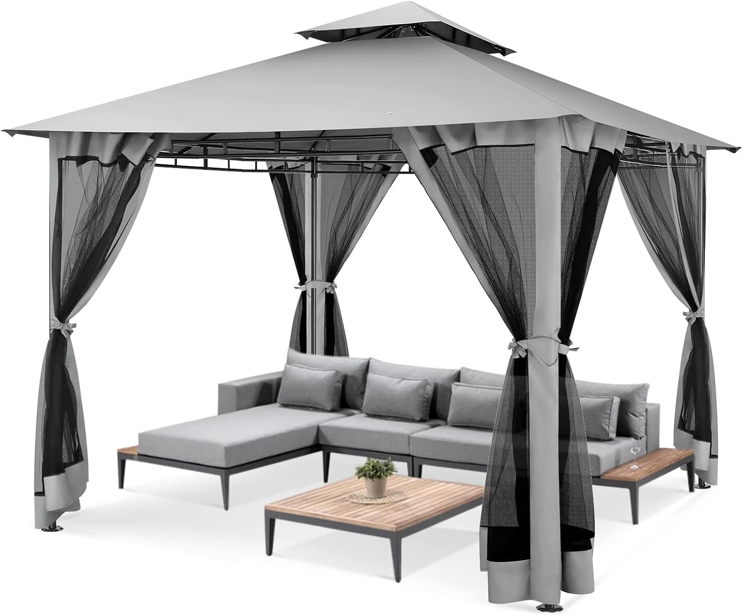 image:imageCOBIZI Gazebo 10x10 Heavy Duty Gazebos with Improved Nettings Outdoor Gazebo Double Roof Patio Gazebos with Metal Steel Frame Outdoor Canopy for Patio Deck Backyard GrayGrayUPF50