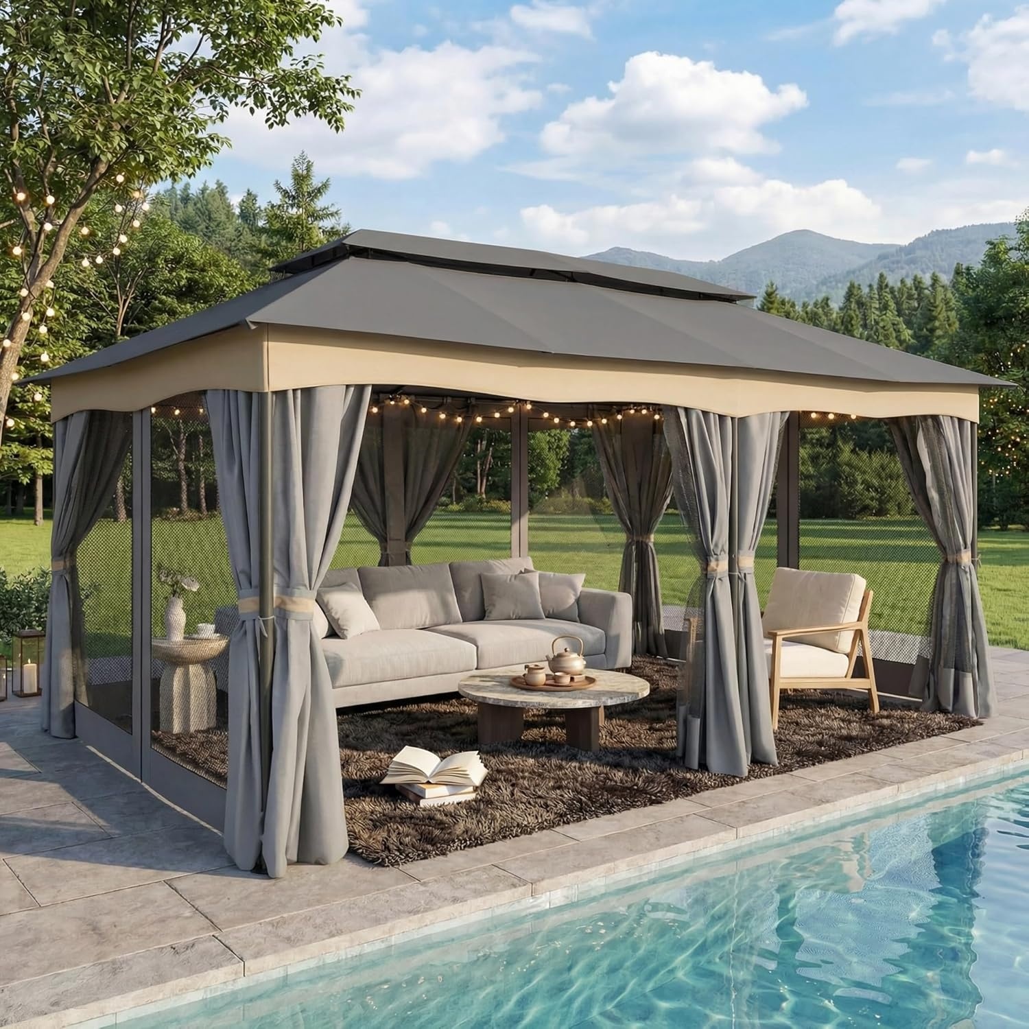 image:imageCOBIZI Gazebo 10x10 Heavy Duty Gazebos with Improved Nettings Outdoor Gazebo Double Roof Patio Gazebos with Metal Steel Frame Outdoor Canopy for Patio Deck Backyard GrayGrayUPF50