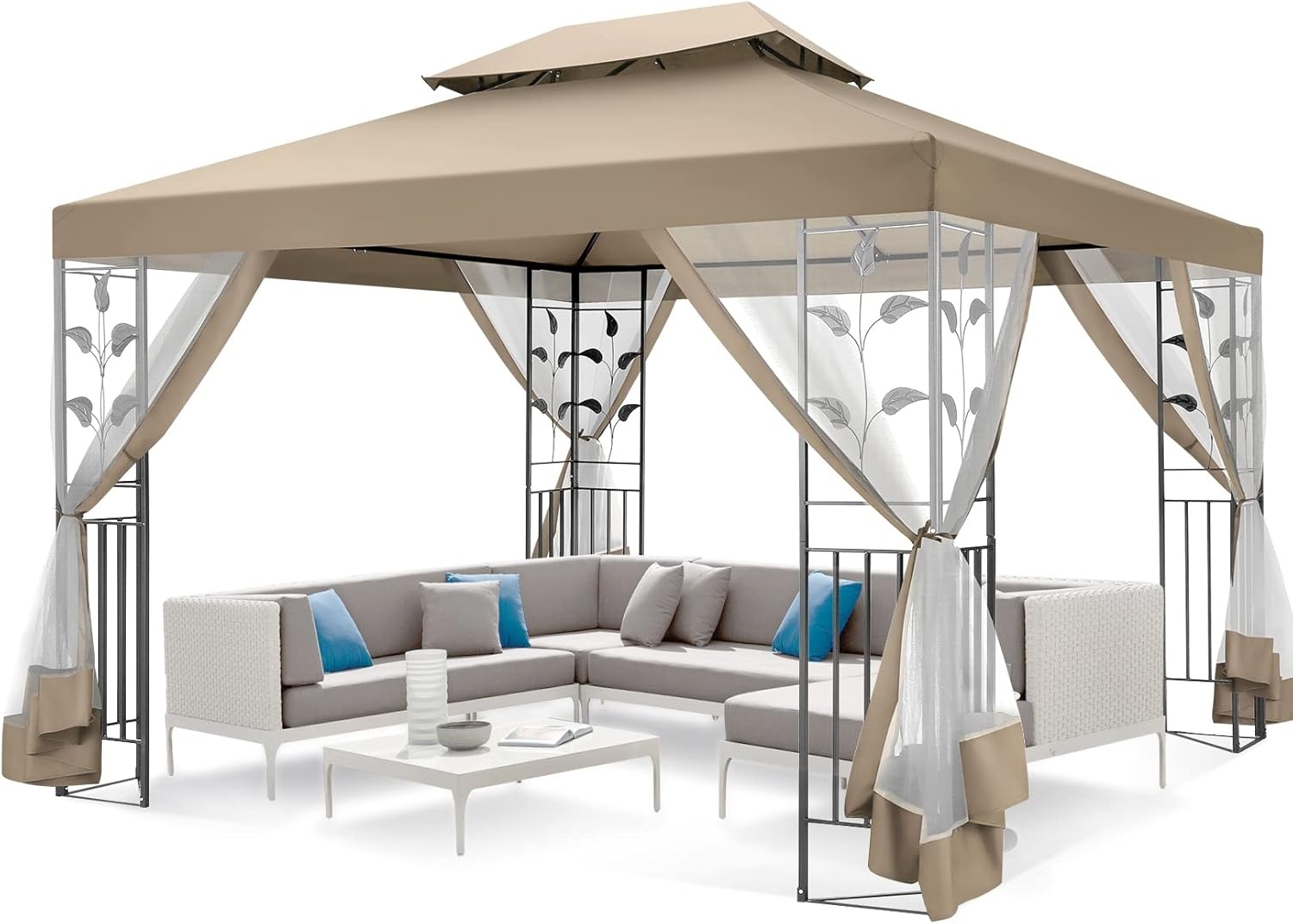 image:imageCOBIZI Gazebo 10x10 Heavy Duty Gazebos with Improved Nettings Outdoor Gazebo Double Roof Patio Gazebos with Metal Steel Frame Outdoor Canopy for Patio Deck Backyard GrayKhakiUPF50