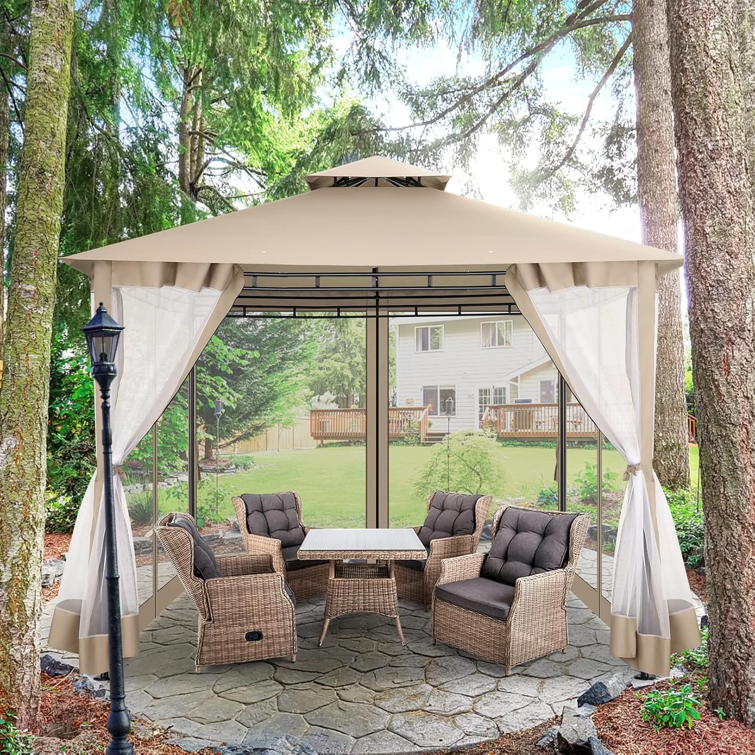 image:imageCOBIZI Gazebo 10x10 Heavy Duty Gazebos with Improved Nettings Outdoor Gazebo Double Roof Patio Gazebos with Metal Steel Frame Outdoor Canopy for Patio Deck Backyard GrayKhakiUPF50