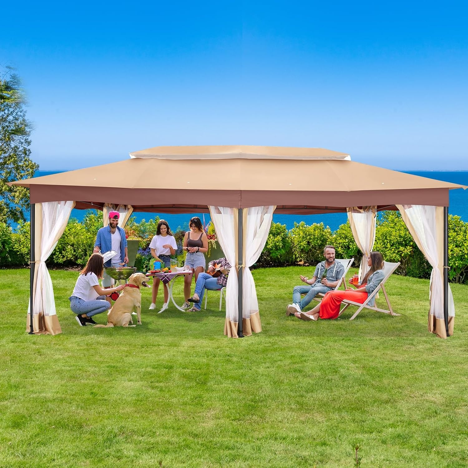image:imageCOBIZI Gazebo 10x10 Heavy Duty Gazebos with Improved Nettings Outdoor Gazebo Double Roof Patio Gazebos with Metal Steel Frame Outdoor Canopy for Patio Deck Backyard GrayKhakiUPF50