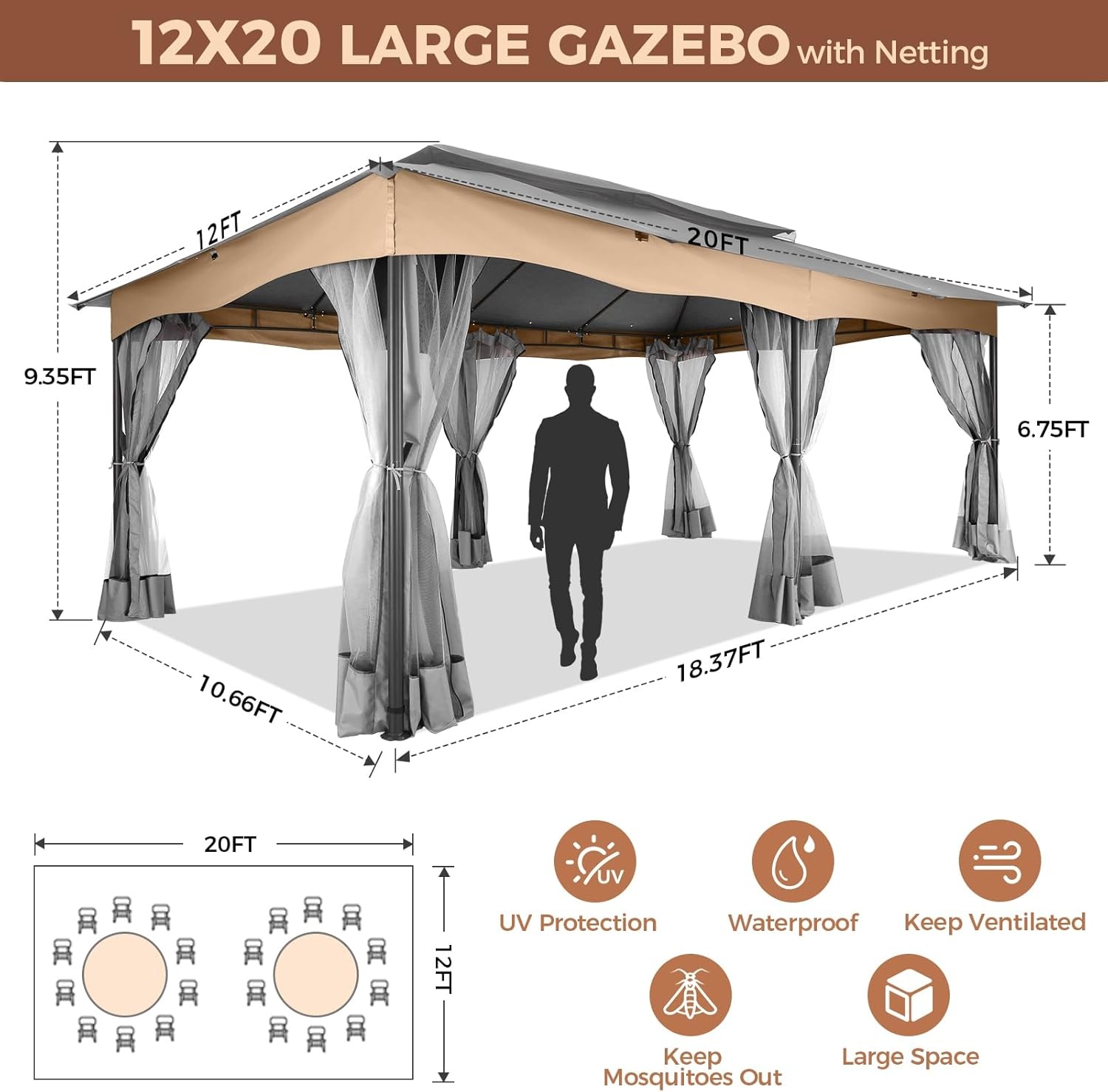 image:imageCOBIZI Gazebo 10x10 Heavy Duty Gazebos with Improved Nettings Outdoor Gazebo Double Roof Patio Gazebos with Metal Steel Frame Outdoor Canopy for Patio Deck Backyard GrayGrayUPF50