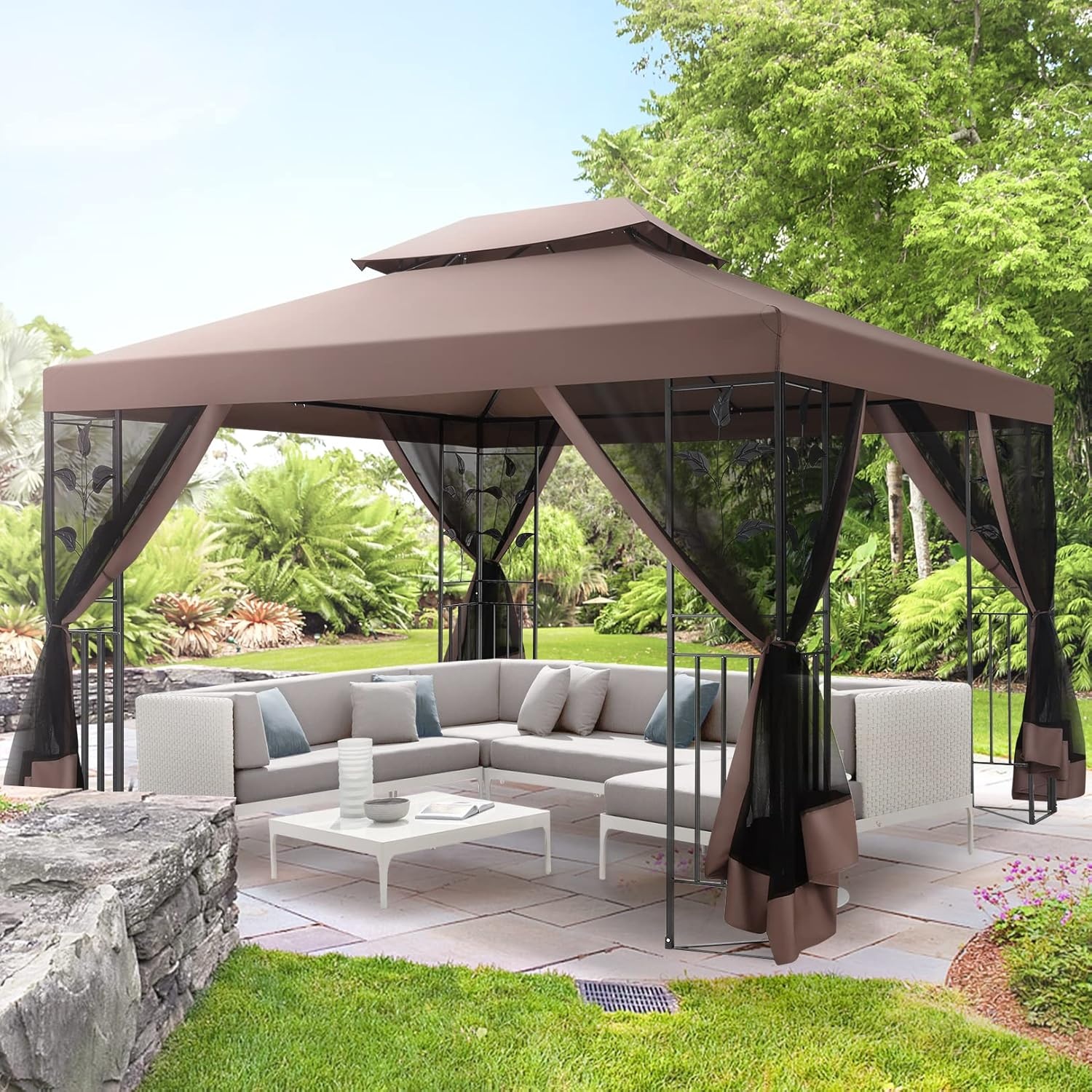 image:imageCOBIZI Gazebo 10x10 Heavy Duty Gazebos with Improved Nettings Outdoor Gazebo Double Roof Patio Gazebos with Metal Steel Frame Outdoor Canopy for Patio Deck Backyard GrayBrownUPF50