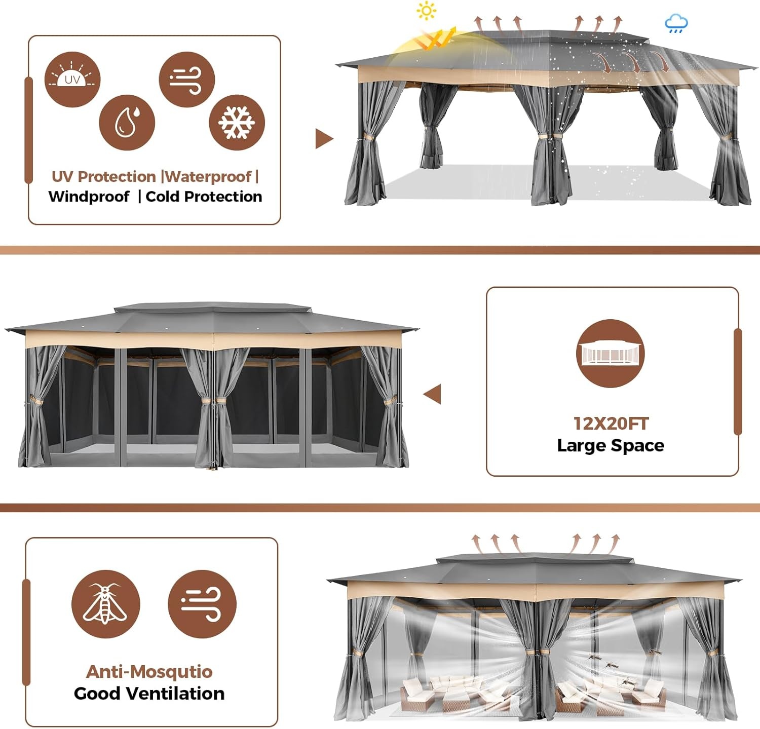 image:imageCOBIZI Gazebo 10x10 Heavy Duty Gazebos with Improved Nettings Outdoor Gazebo Double Roof Patio Gazebos with Metal Steel Frame Outdoor Canopy for Patio Deck Backyard GrayGrayUPF50