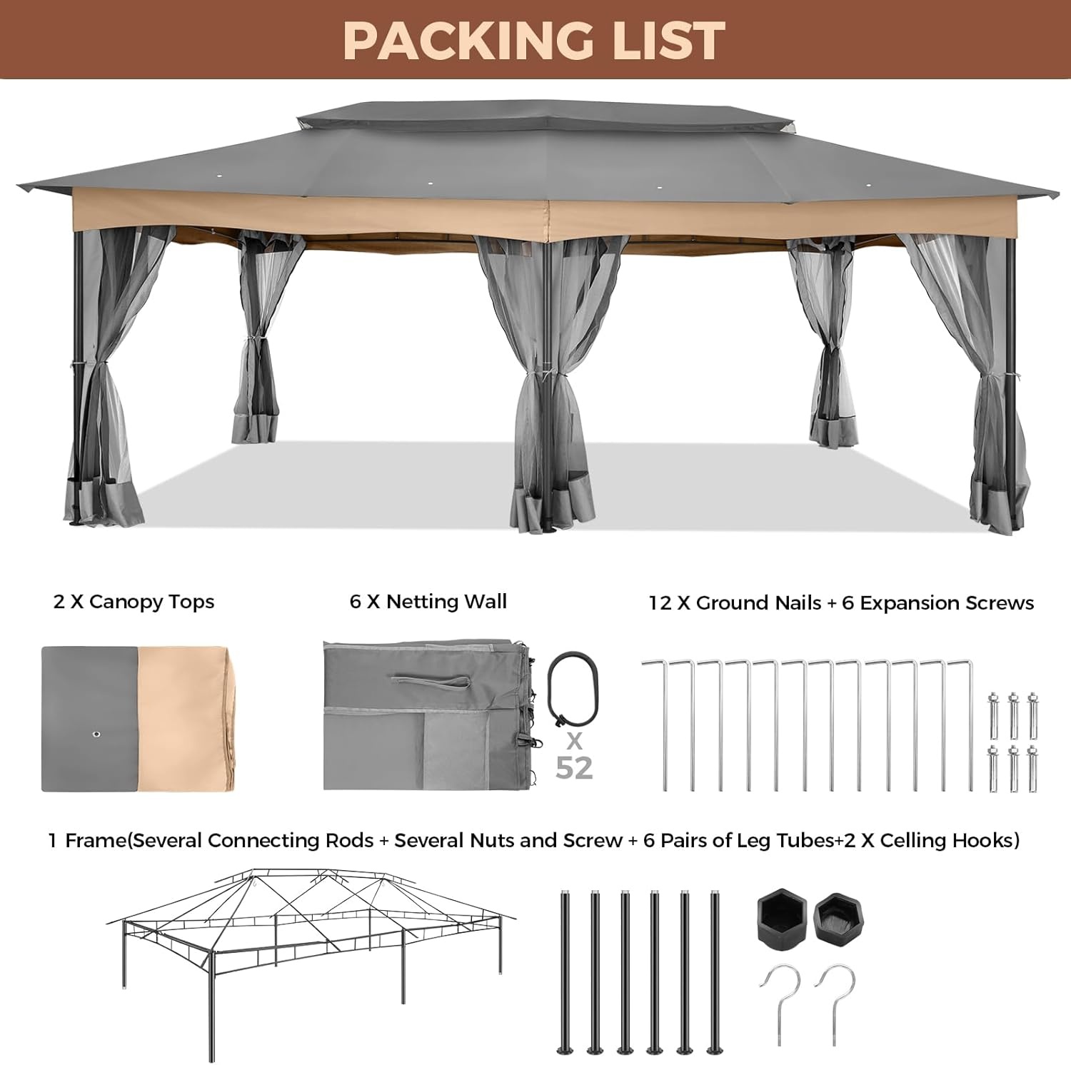 image:imageCOBIZI Gazebo 10x10 Heavy Duty Gazebos with Improved Nettings Outdoor Gazebo Double Roof Patio Gazebos with Metal Steel Frame Outdoor Canopy for Patio Deck Backyard GrayGrayUPF50