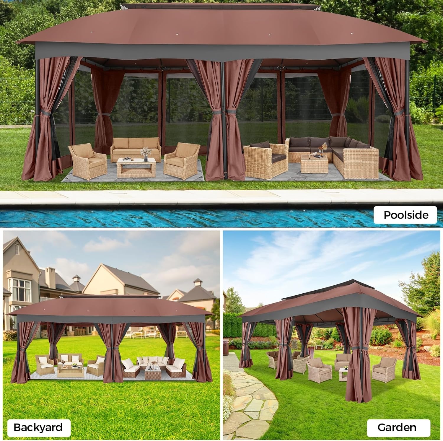 image:imageCOBIZI Gazebo 10x10 Heavy Duty Gazebos with Improved Nettings Outdoor Gazebo Double Roof Patio Gazebos with Metal Steel Frame Outdoor Canopy for Patio Deck Backyard GrayRed BrownUPF50