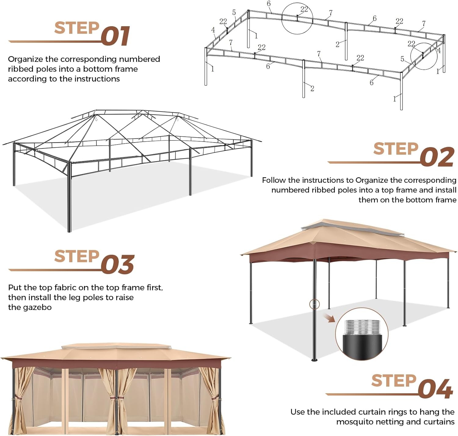 image:imageCOBIZI Gazebo 10x10 Heavy Duty Gazebos with Improved Nettings Outdoor Gazebo Double Roof Patio Gazebos with Metal Steel Frame Outdoor Canopy for Patio Deck Backyard GrayKhakiUPF50