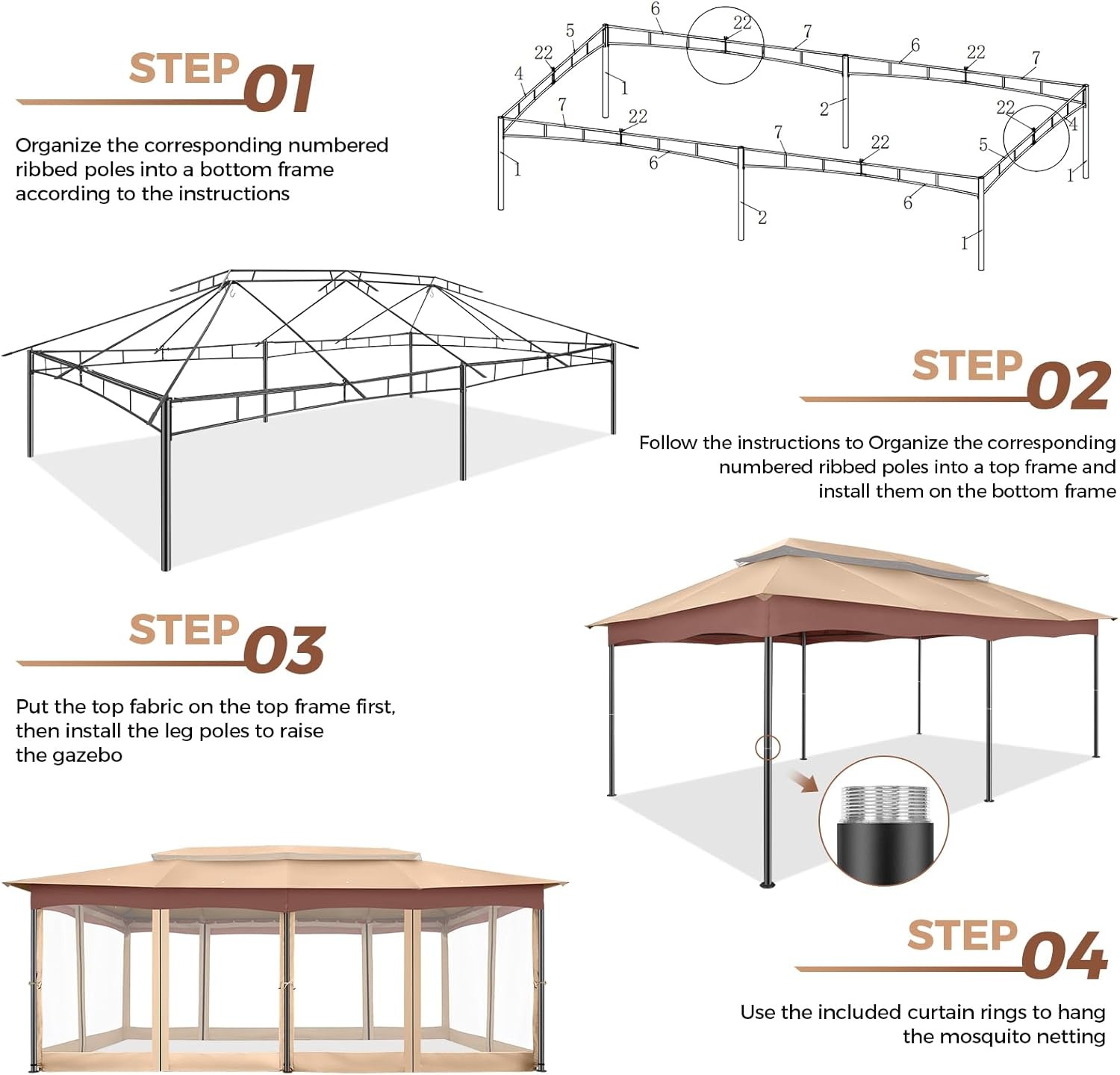image:imageCOBIZI Gazebo 10x10 Heavy Duty Gazebos with Improved Nettings Outdoor Gazebo Double Roof Patio Gazebos with Metal Steel Frame Outdoor Canopy for Patio Deck Backyard GrayKhakiUPF50